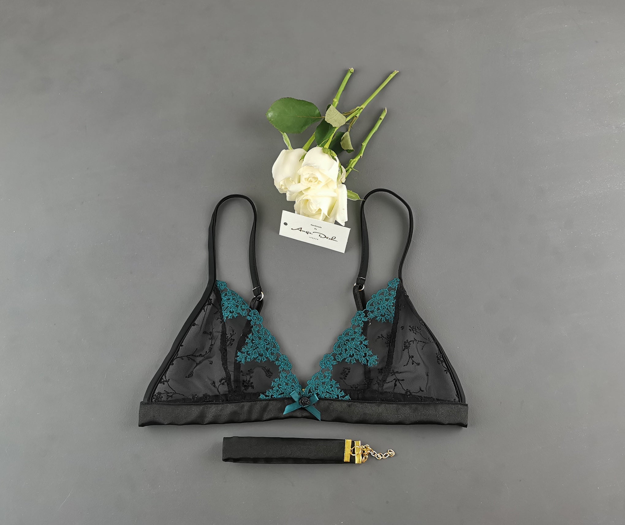 Sheer lingerie set with crotchless G string panties and bra in see through black and turquoise lace sexy open crotch sheer boudoir lingerie - Ange Déchu