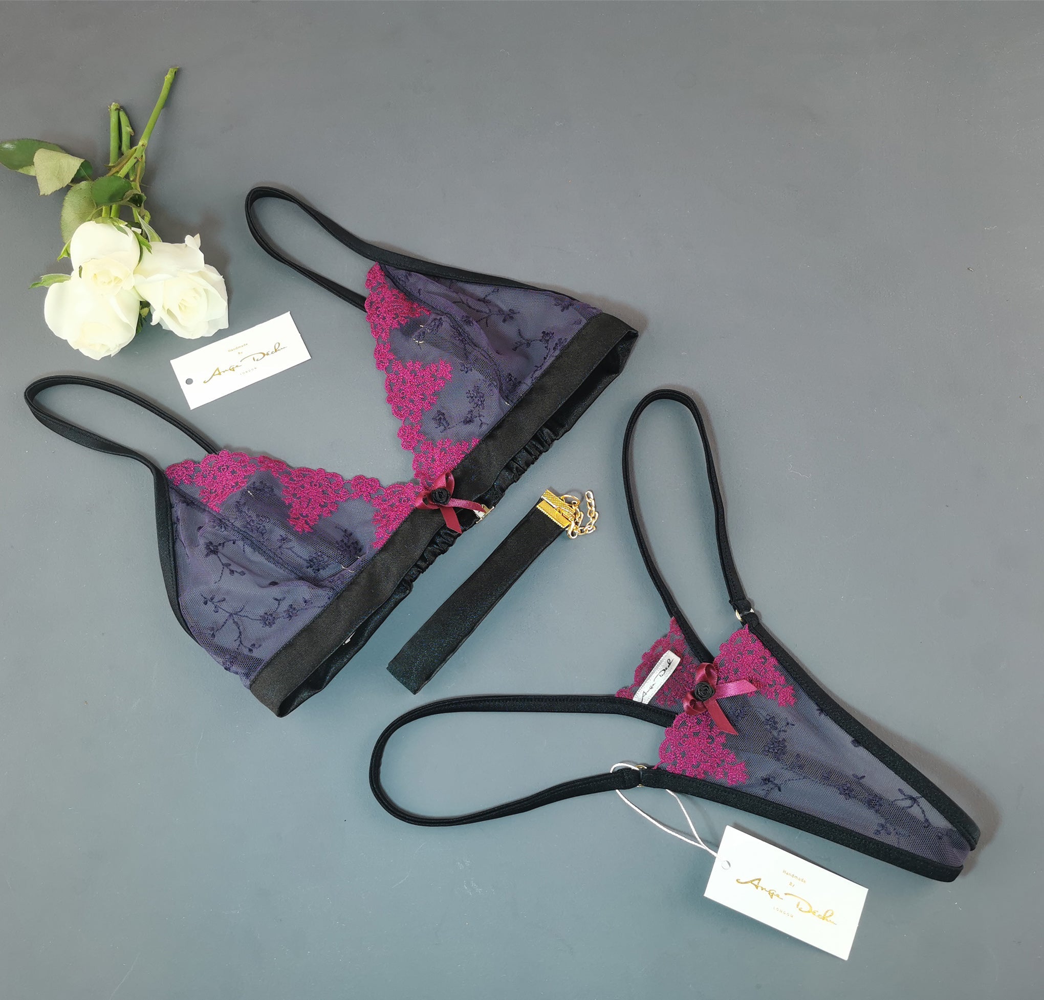 sheer lingerie set with G string panties bralette bra and choker in see through purple lace sexy erotic bridal boudoir lingerie - Ange Déchu