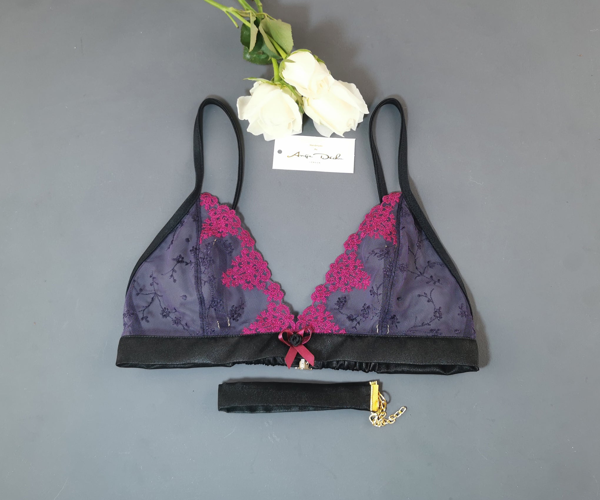 sheer lingerie set with G string panties bralette bra and choker in see through purple lace sexy erotic bridal boudoir lingerie - Ange Déchu