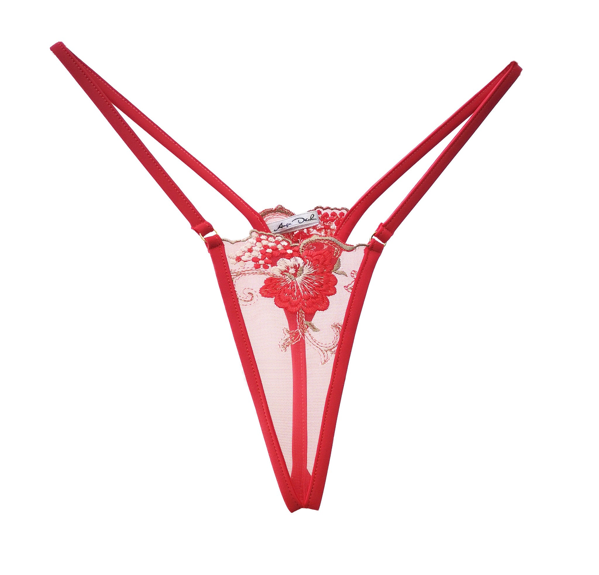 Sheer lingerie set with G string panties in see through red lace sexy boudoir lingerie - Ange Déchu