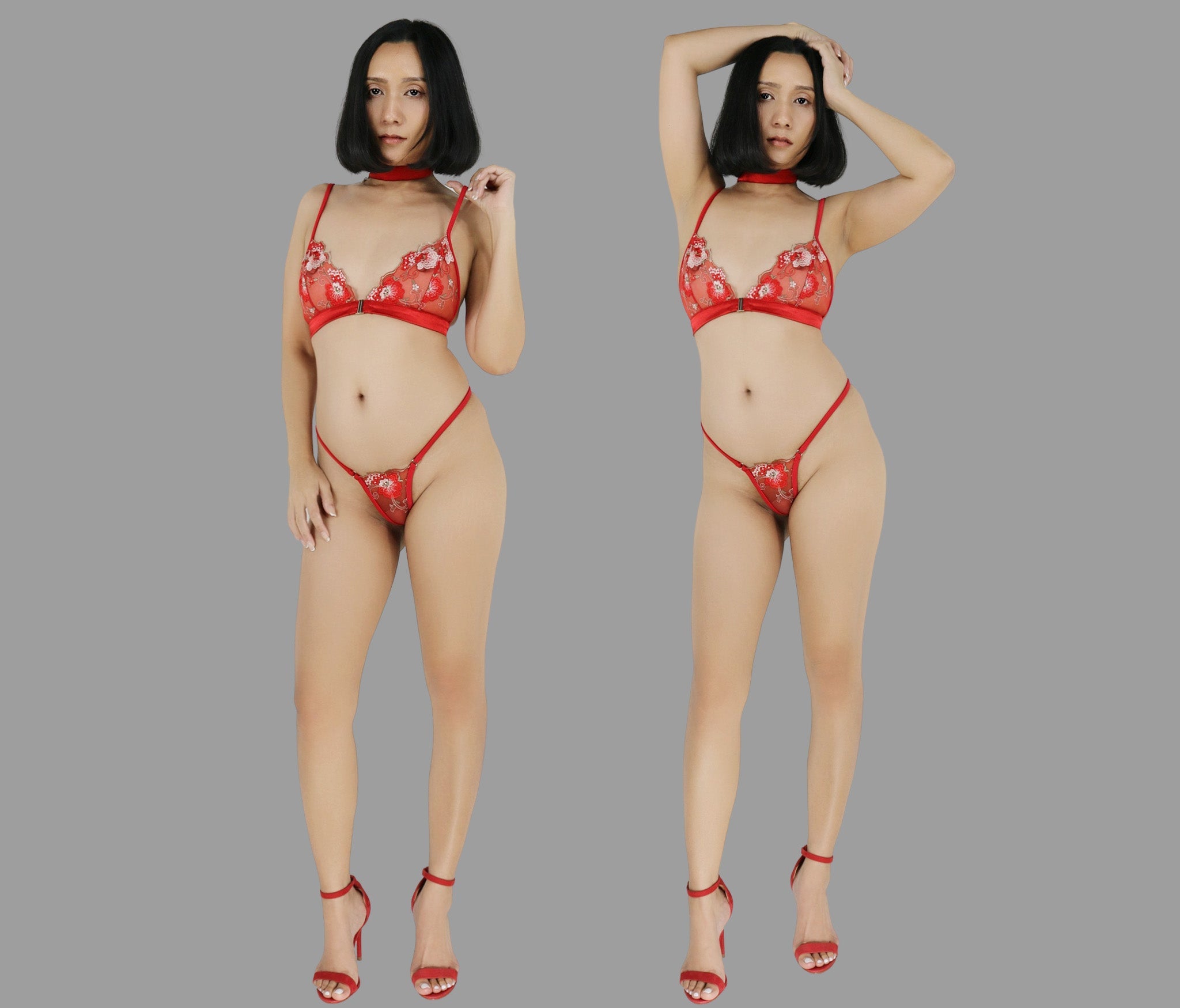 Sheer lingerie set with G string panties in see through red lace sexy boudoir lingerie - Ange Déchu