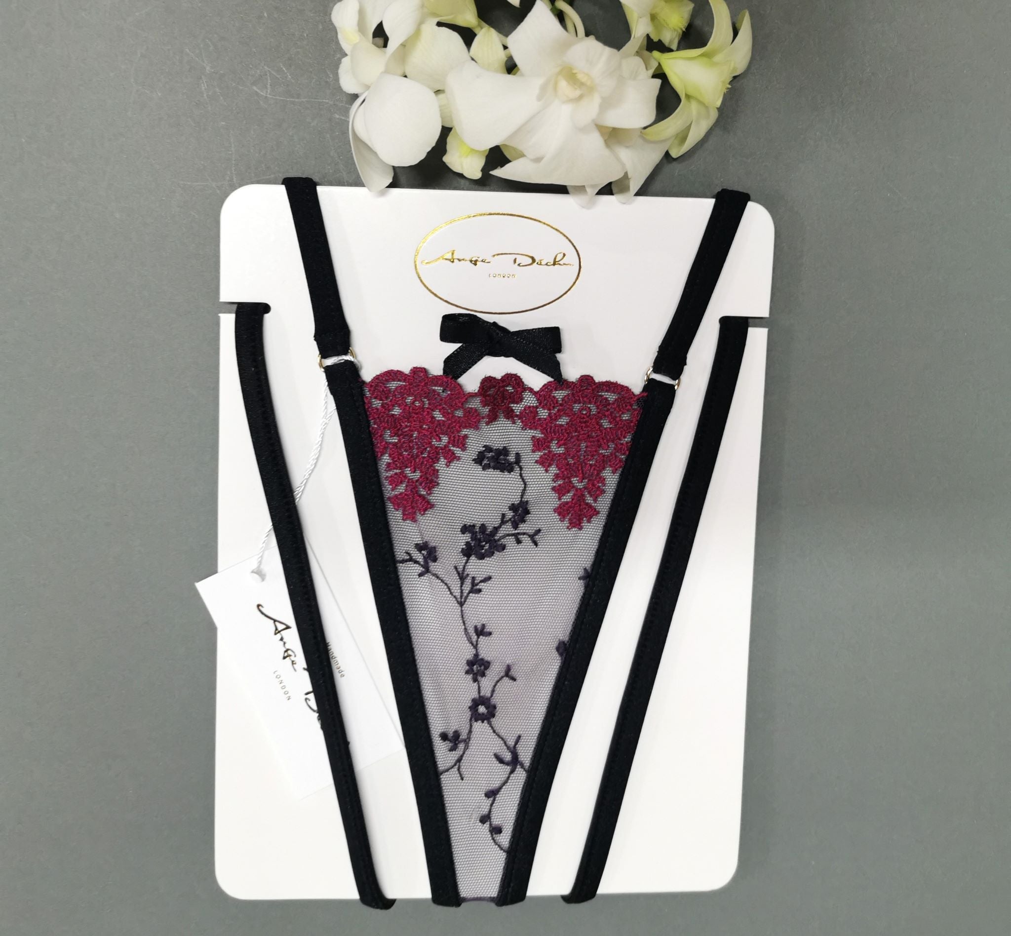 Sheer lingerie sexy G string see through boudoir panties thong in purple lace by Ange Dechu - Ange Déchu