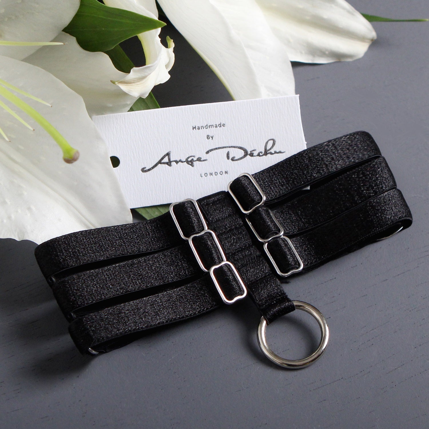 Strappy body harness lingerie 6 piece set in black Suspender cage bra choker garters - Ange Déchu