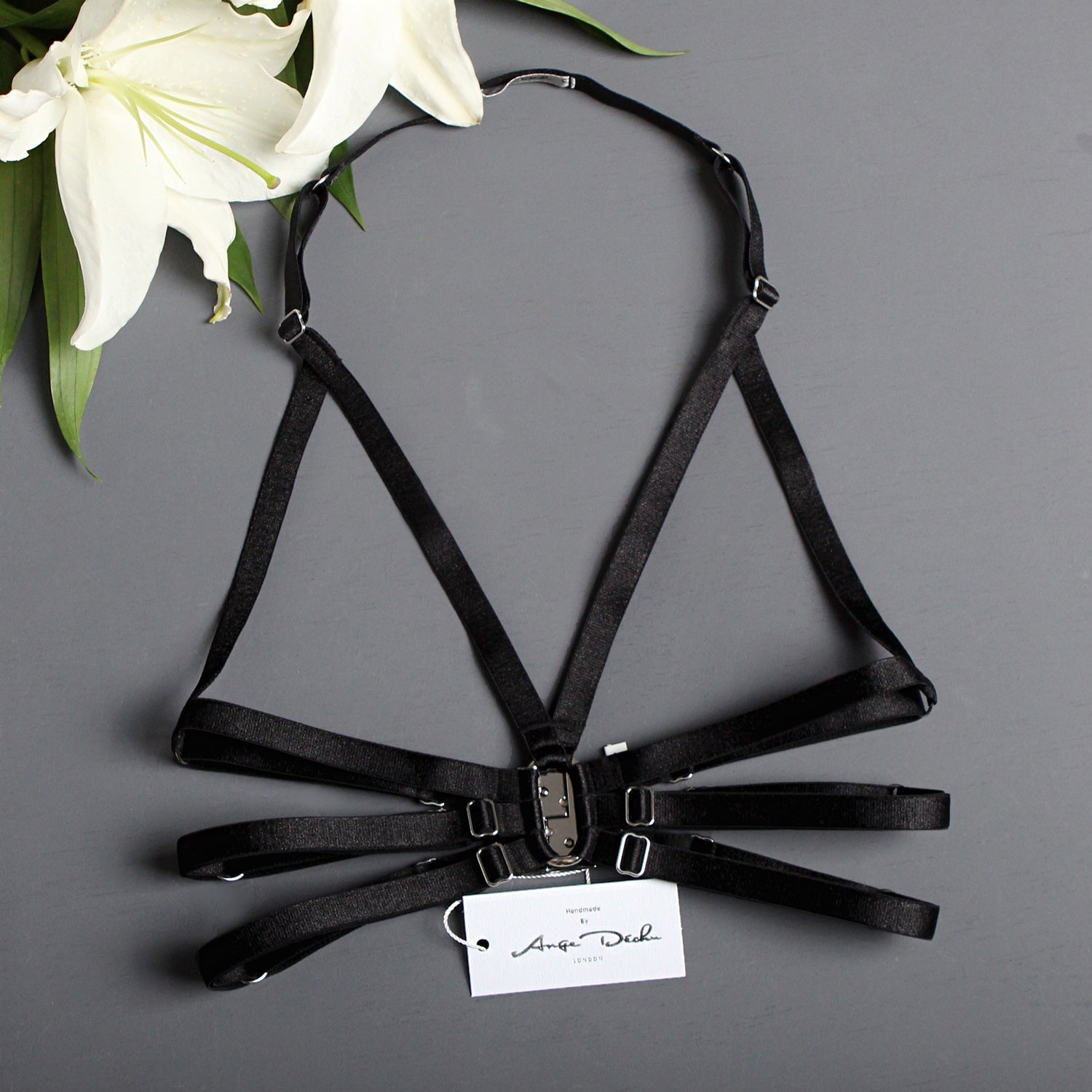 Strappy body harness lingerie 6 piece set in black Suspender cage bra choker garters - Ange Déchu