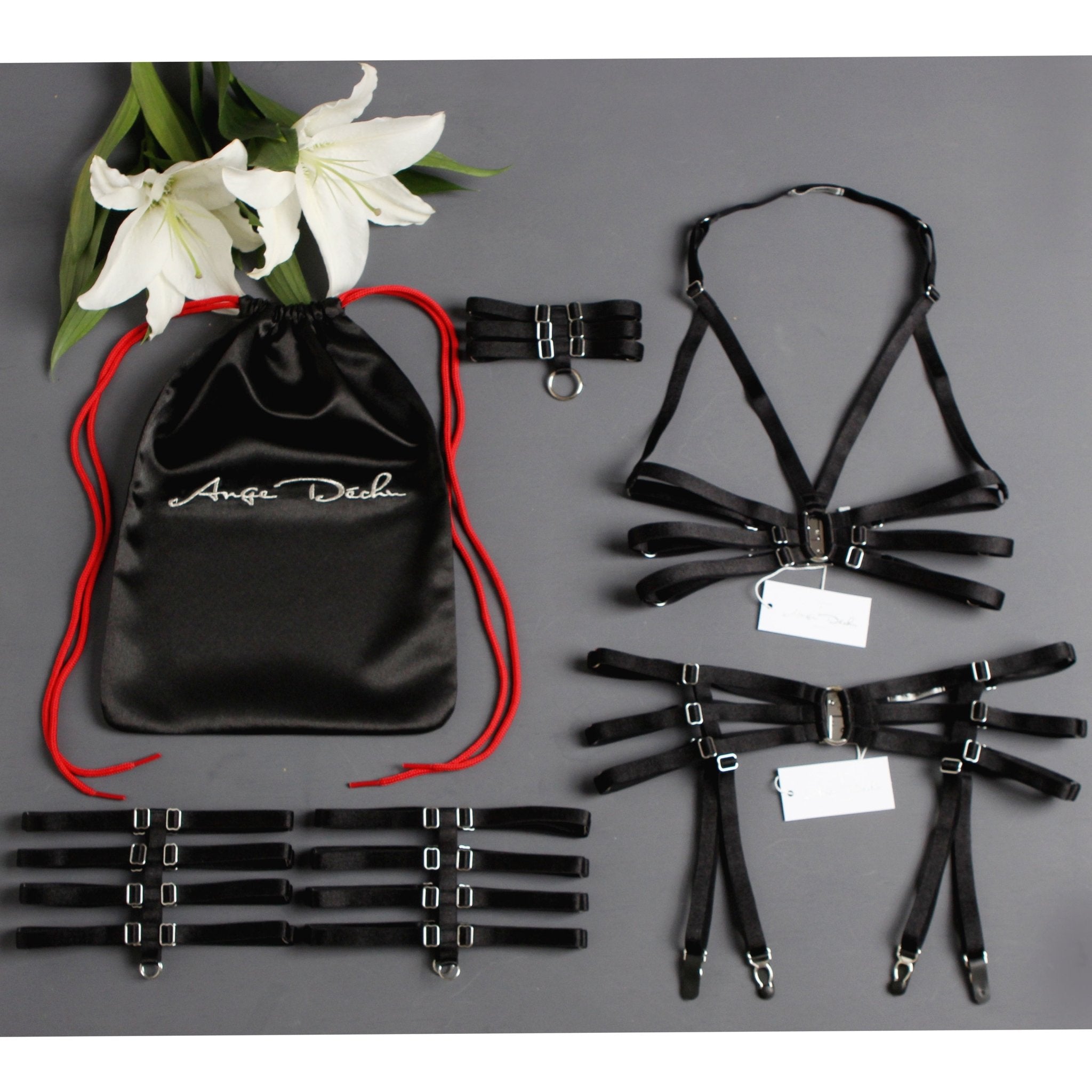 Strappy body harness lingerie 6 piece set in black Suspender cage bra choker garters - Ange Déchu