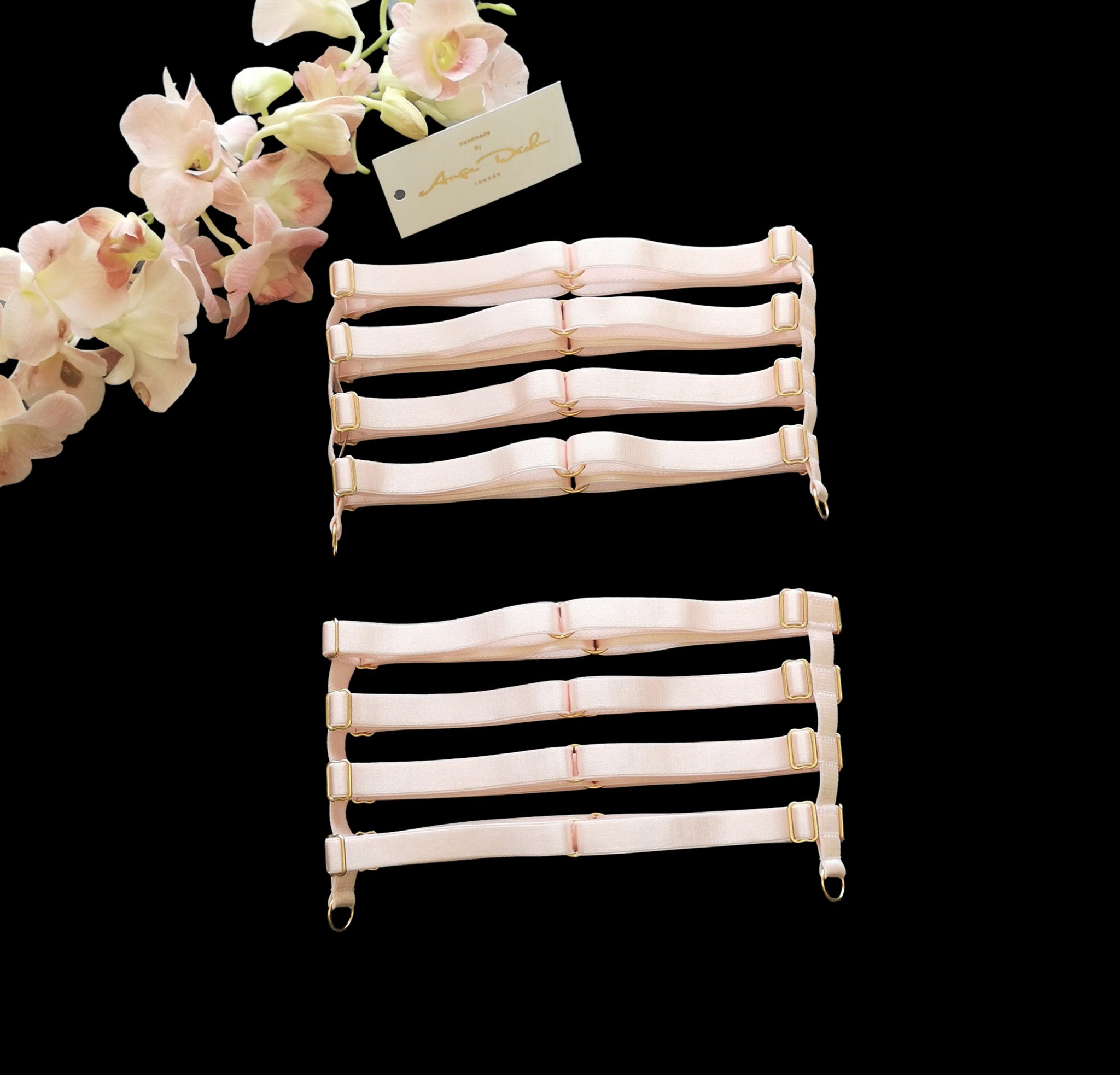 Strappy body harness lingerie 6 piece set peach body harness boudoir lingerie by Ange Dechu - Ange Déchu