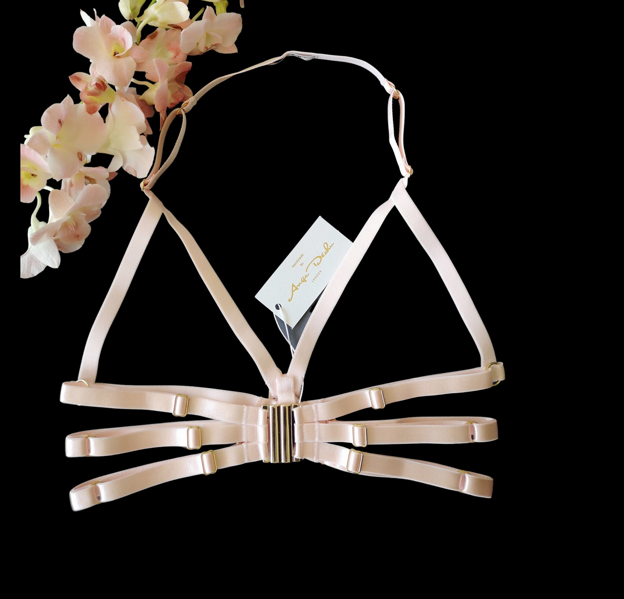 Strappy body harness lingerie 6 piece set peach body harness boudoir lingerie by Ange Dechu - Ange Déchu