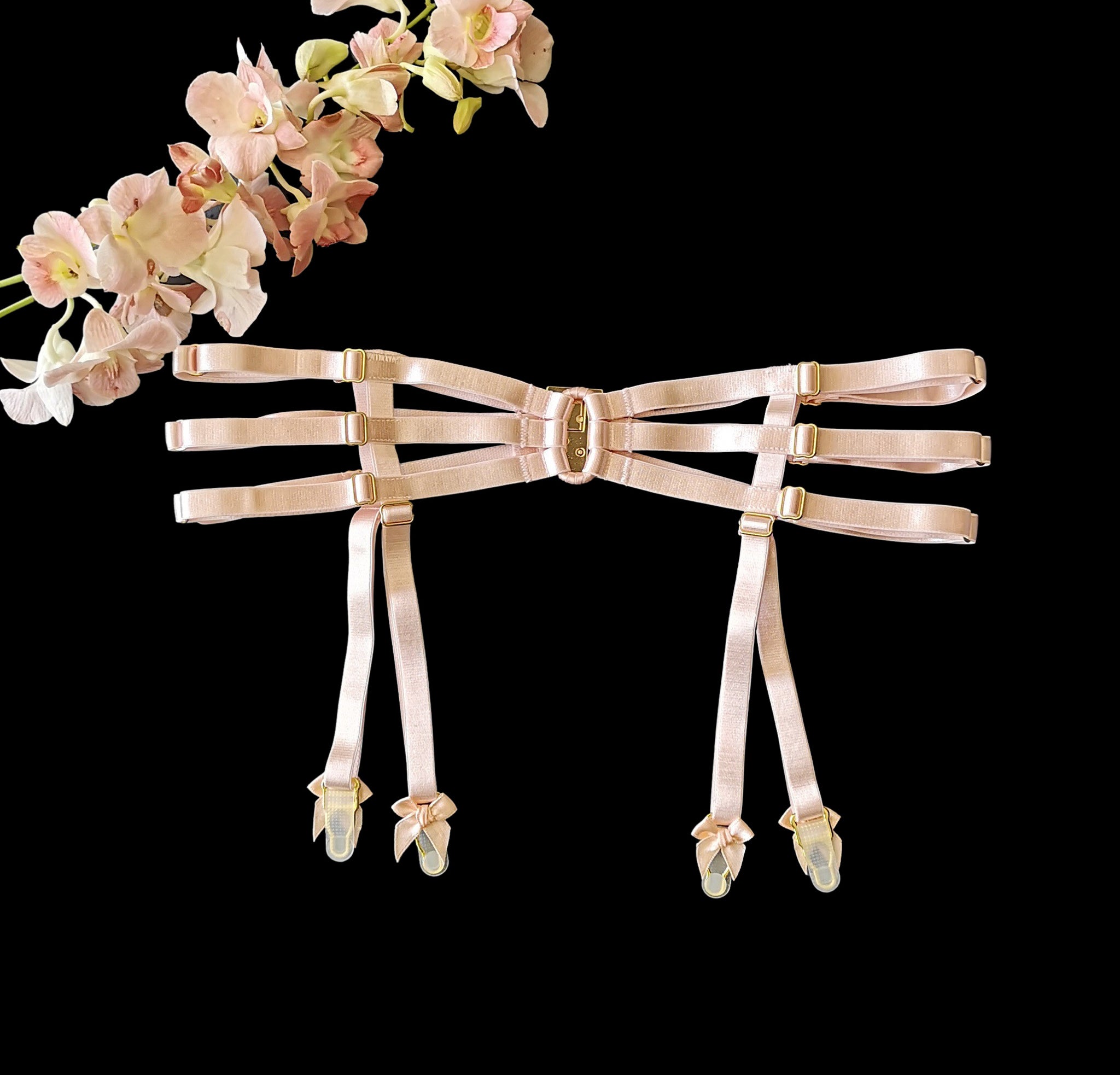 Strappy body harness lingerie 6 piece set peach body harness boudoir lingerie by Ange Dechu - Ange Déchu