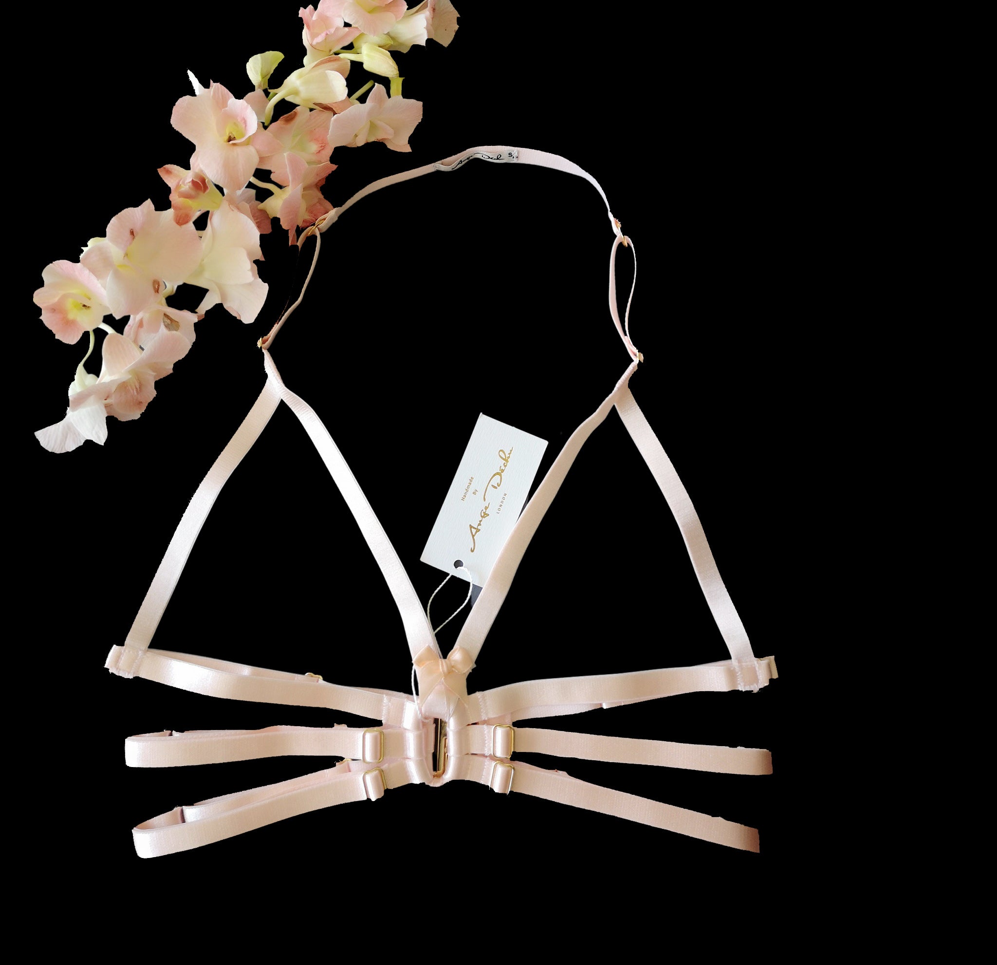 Strappy body harness lingerie 6 piece set peach body harness boudoir lingerie by Ange Dechu - Ange Déchu