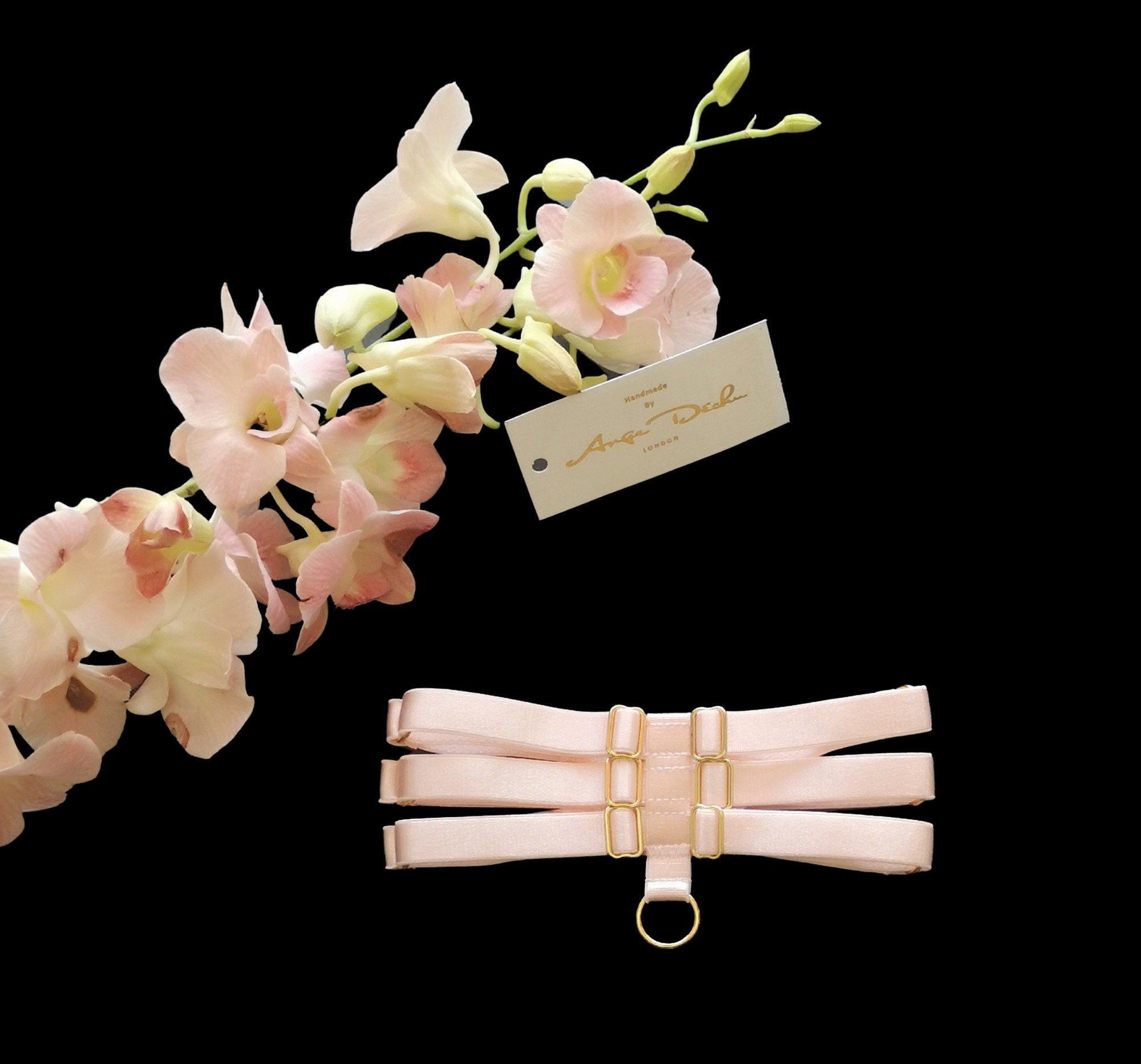 Strappy body harness lingerie 6 piece set peach body harness boudoir lingerie by Ange Dechu - Ange Déchu