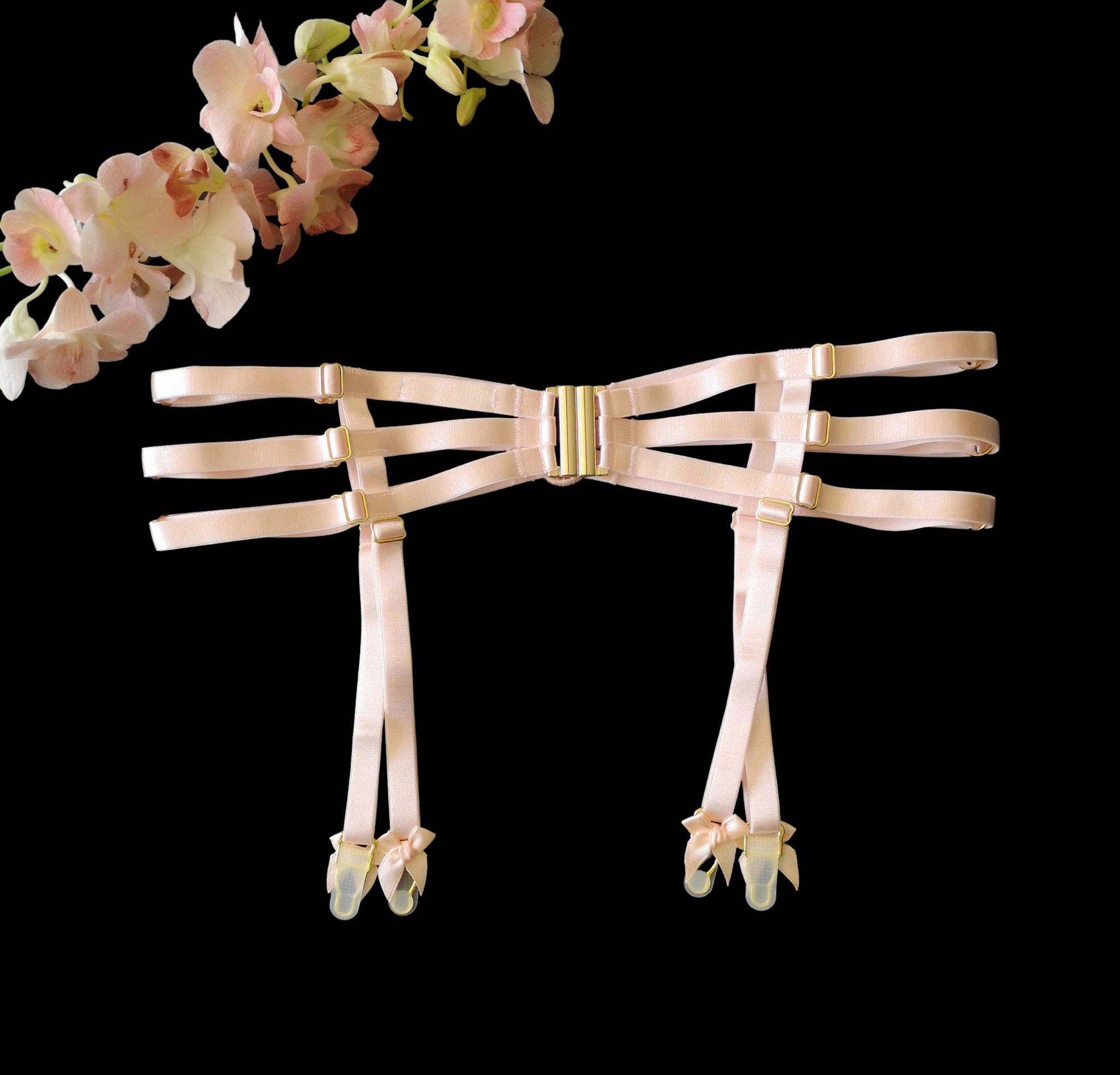 Strappy body harness lingerie 6 piece set peach body harness boudoir lingerie by Ange Dechu - Ange Déchu