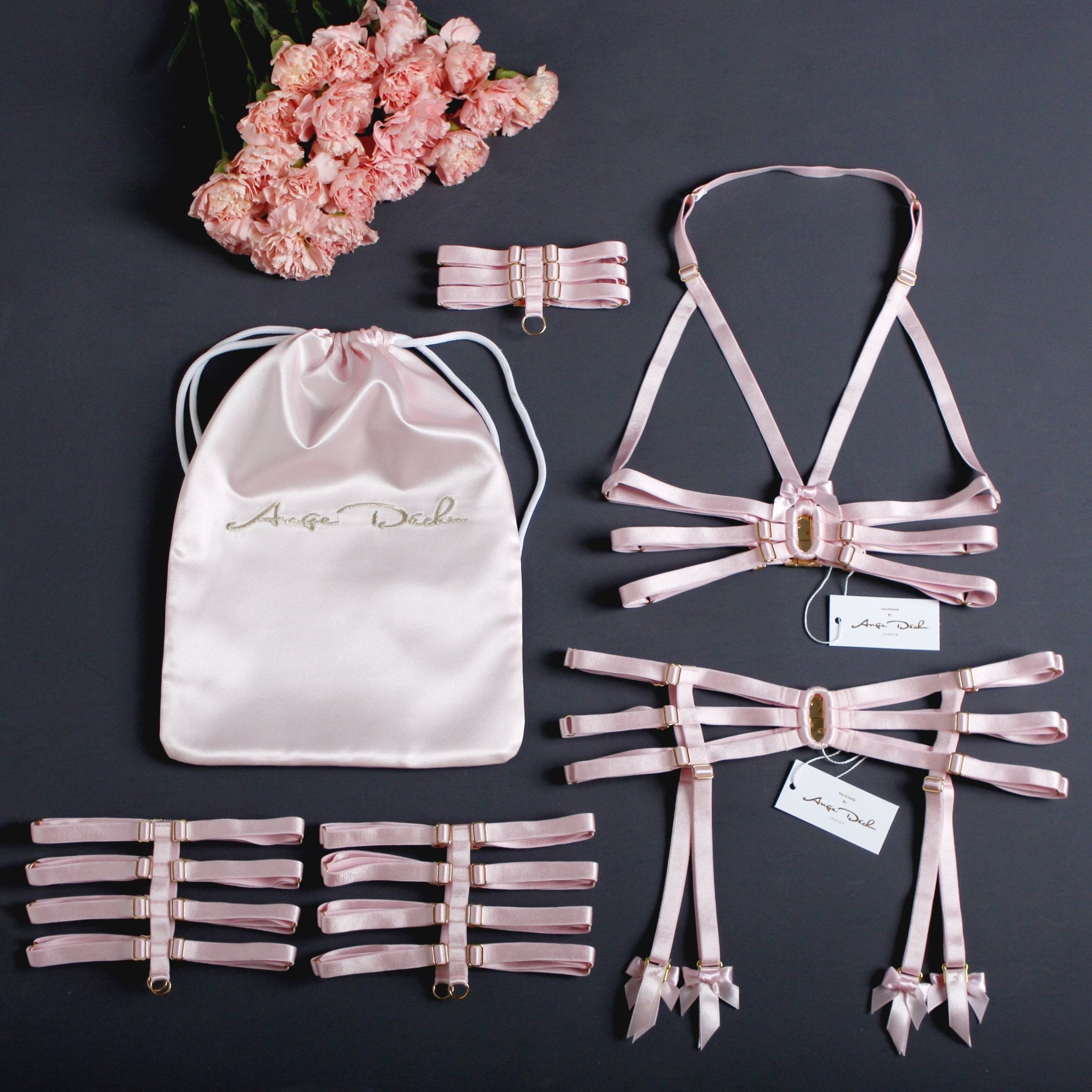Strappy body harness lingerie 6 piece set pink body harness boudoir lingerie by Ange Dechu - Ange Déchu