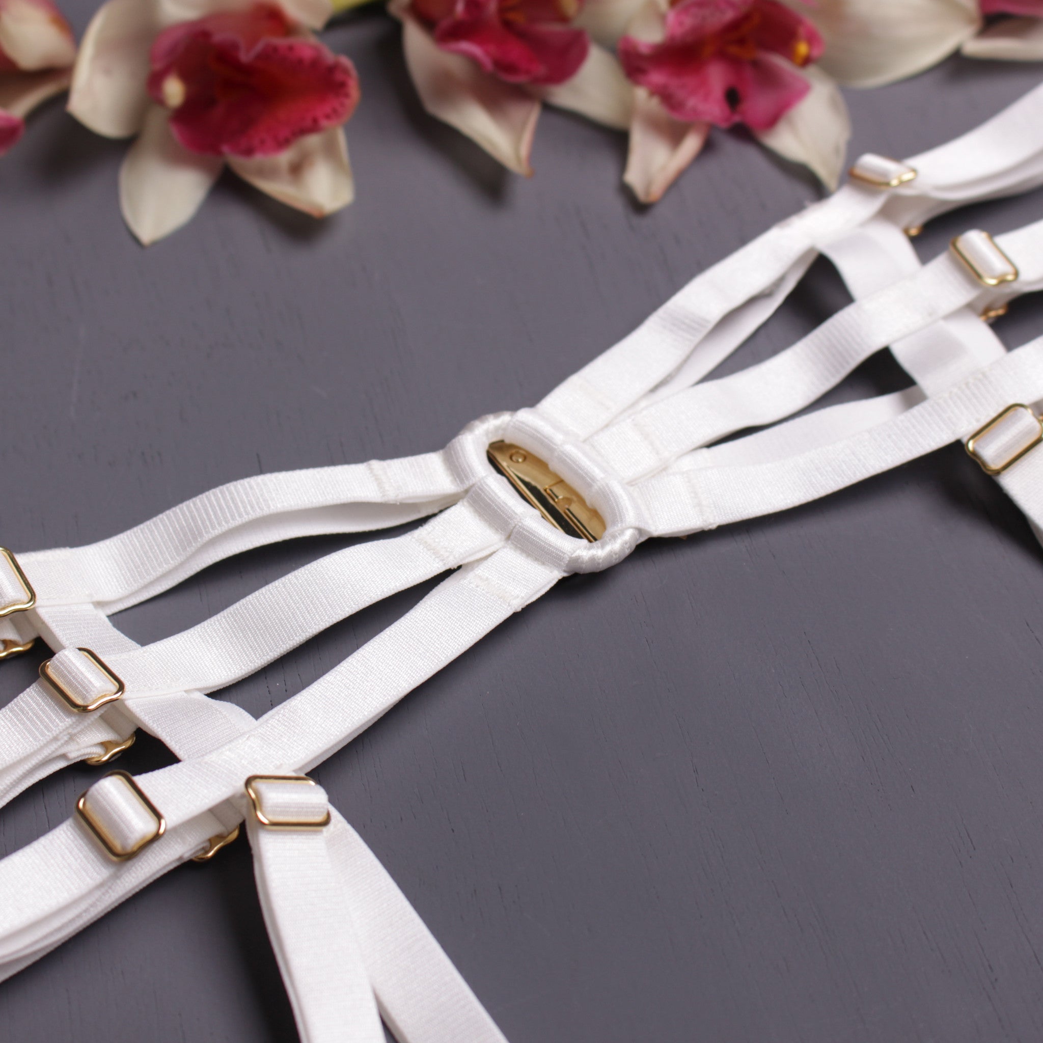 Strappy body harness lingerie set white lingerie suspender harness cage bra by Ange Dechu - Ange Déchu