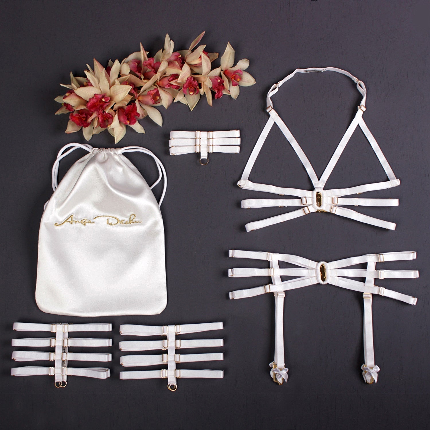 Strappy body harness lingerie set white lingerie suspender harness cage bra by Ange Dechu - Ange Déchu