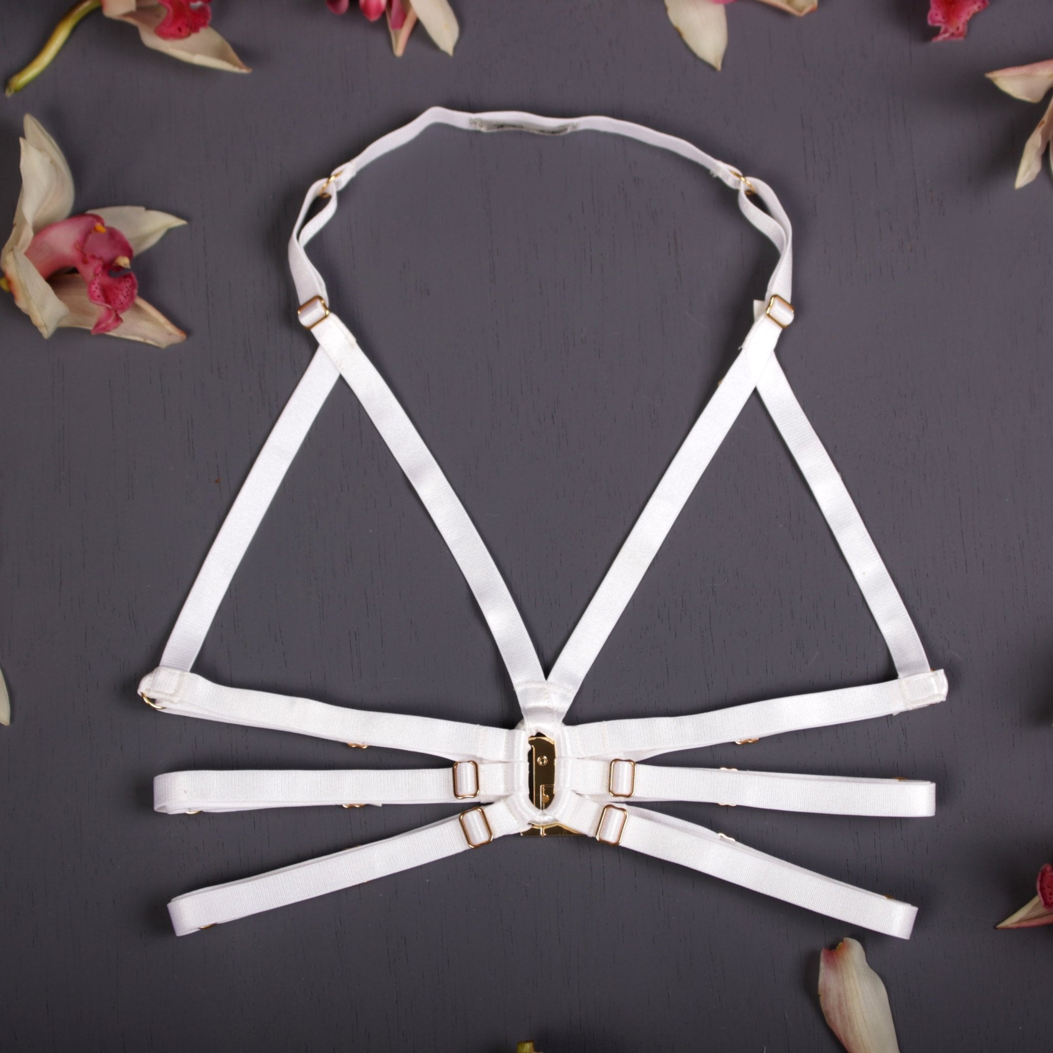 Strappy body harness lingerie set white lingerie suspender harness cage bra by Ange Dechu - Ange Déchu