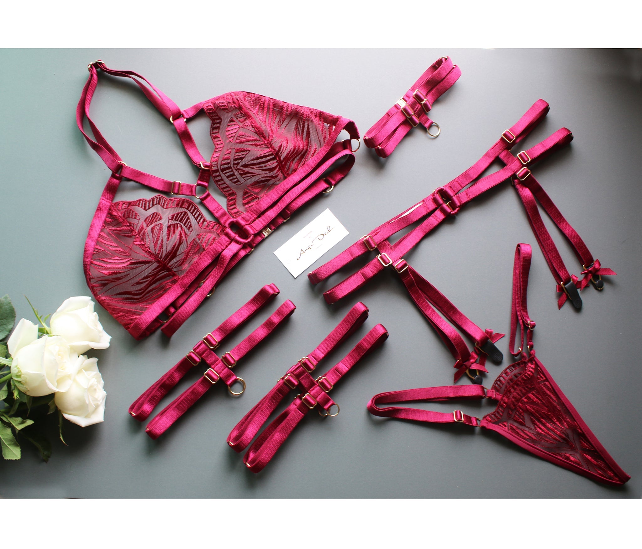 Strappy body harness set red lace with choker sexy sheer harness bra garter suspender boudoir gift for her free Delivery - Ange Déchu