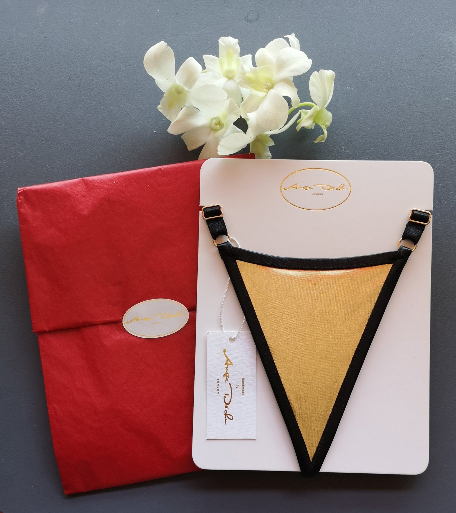 Wet look gold panties trimmed in black sexy girls G string beach and party wear - Ange Déchu