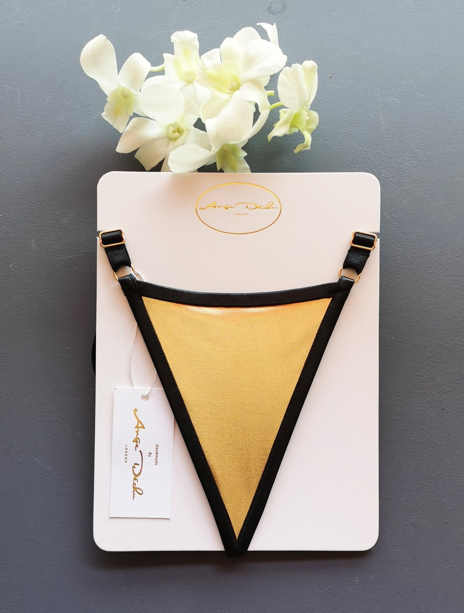 Wet look gold panties trimmed in black sexy girls G string beach and party wear - Ange Déchu