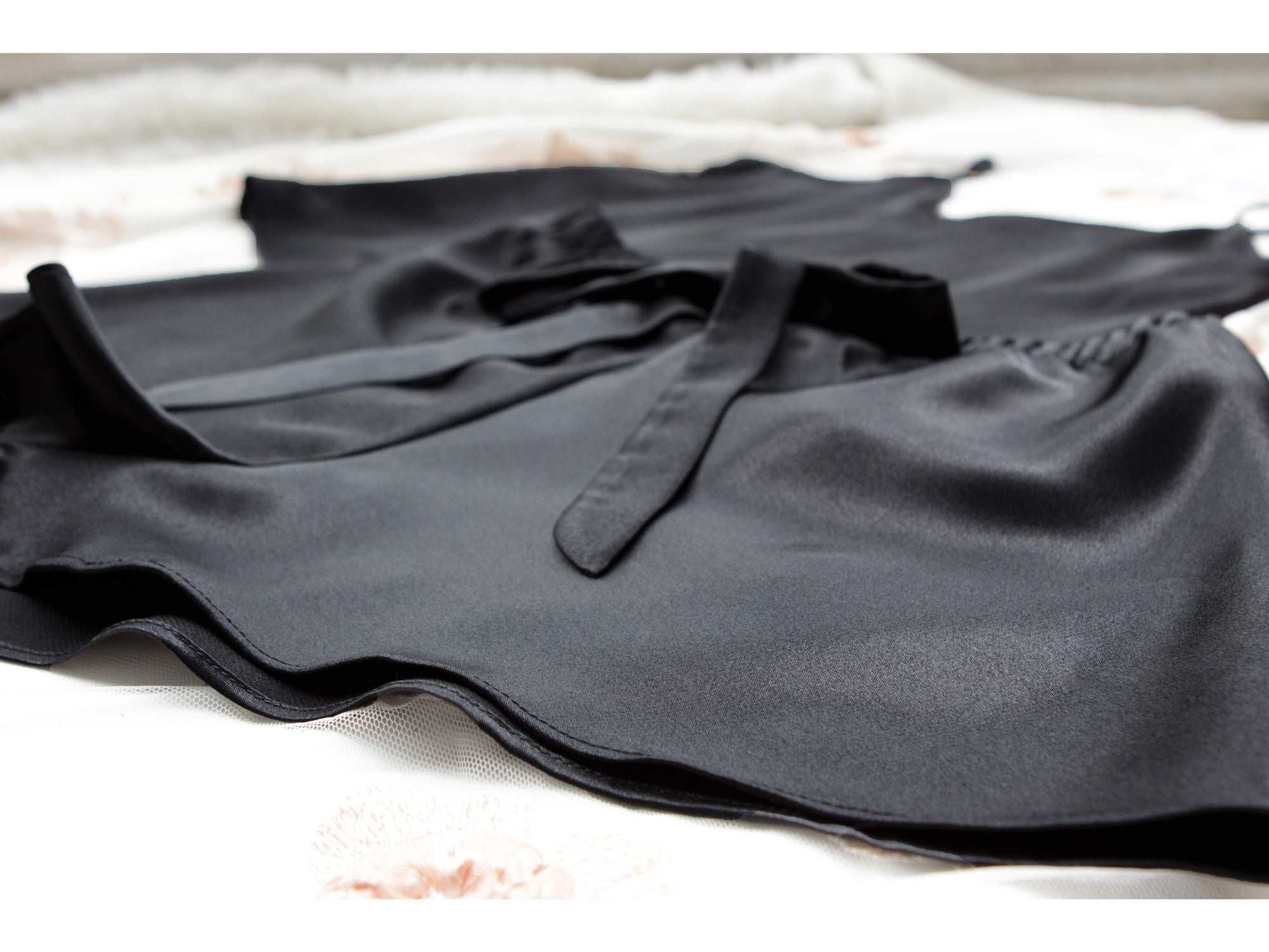 Black satin luxury pajama set, camisole top and shorts lounge wear nightwear sleepwear by Ange Dechu - Ange Déchu