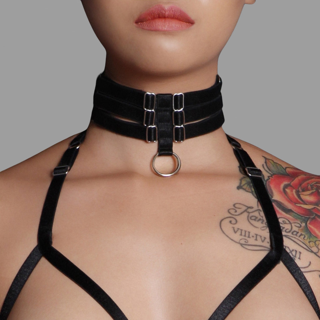 Black strappy choker erotic lingerie sexy boudoir retro goth punk body harness club wear - Ange Déchu