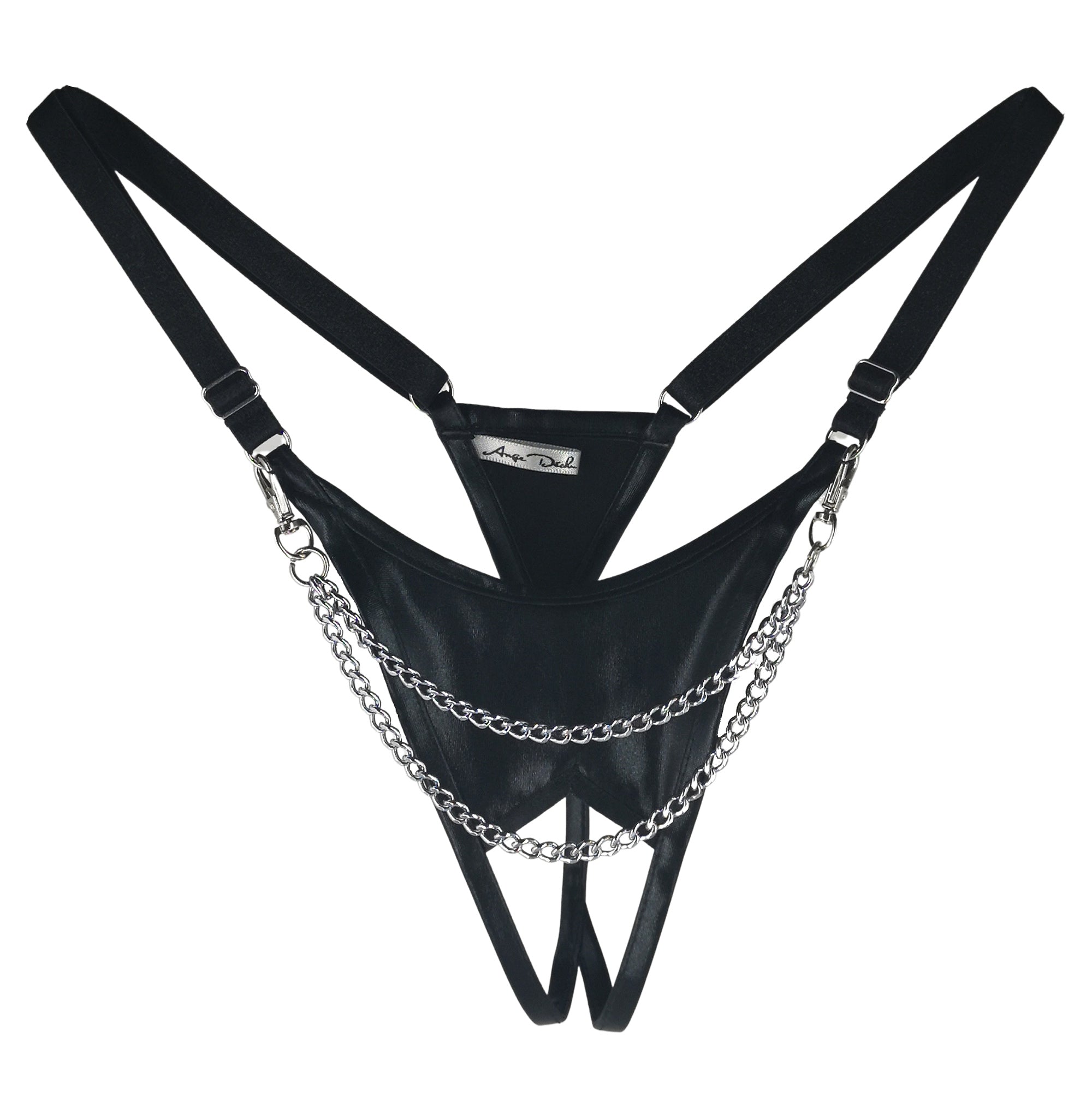 Crotchless open panties sexy lingerie gift for her thong g string open crotch black wet look & chains - Ange Déchu