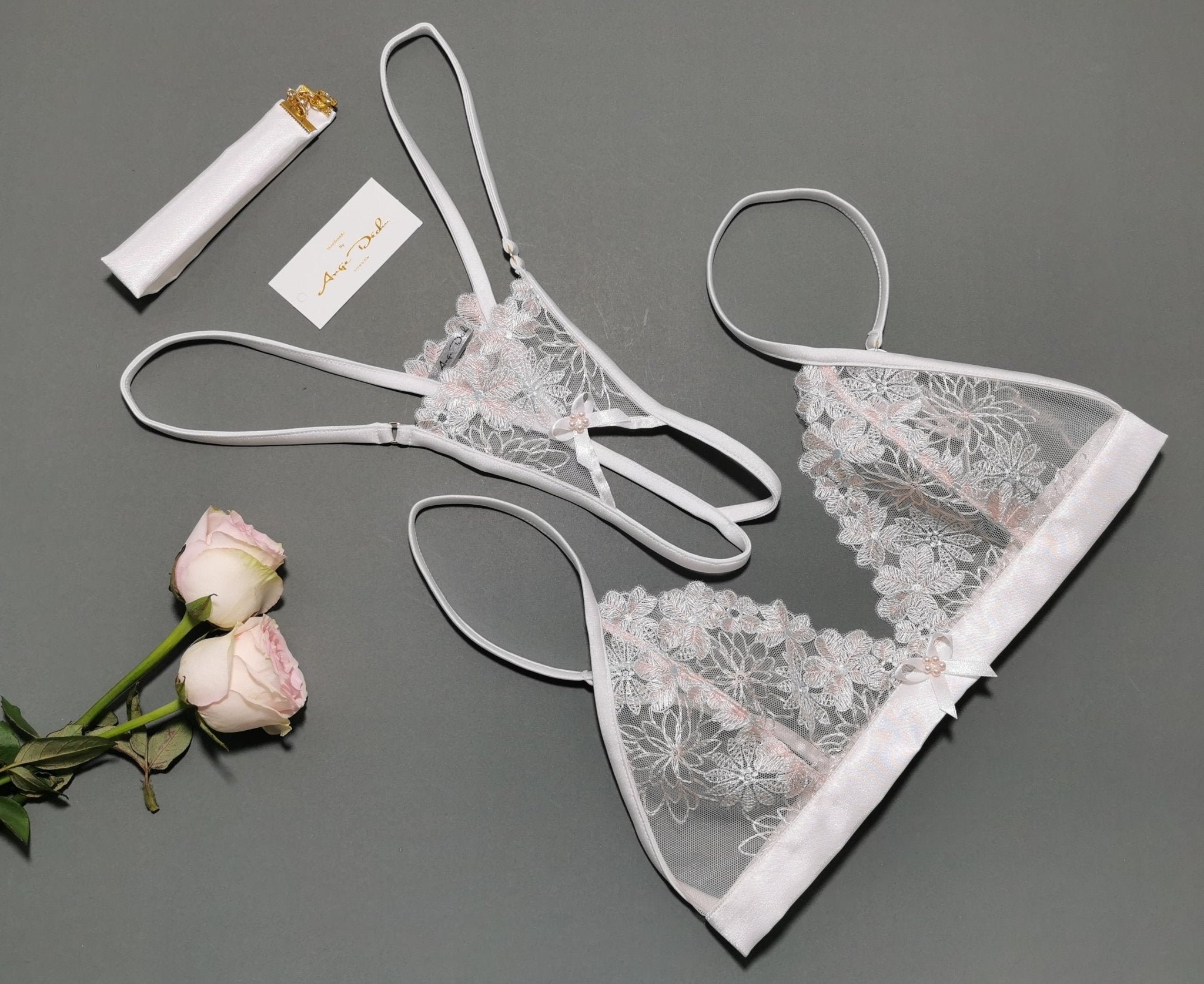 Crotchless transparent lingerie set, G string panties bralette and choker in see through pink flowered lace sexy sheer lingerie - Ange Déchu