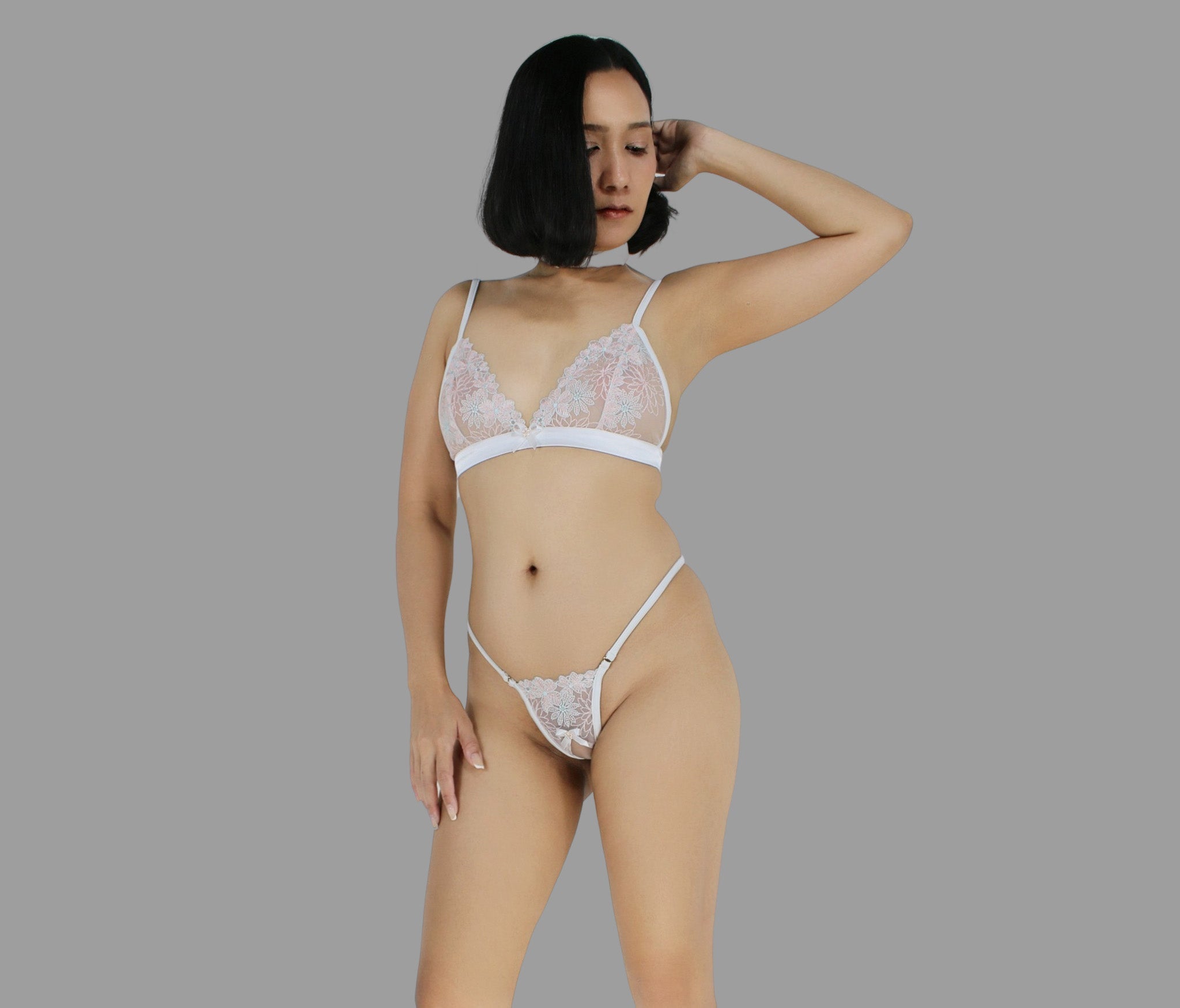 Crotchless transparent lingerie set, G string panties bralette and choker in see through pink flowered lace sexy sheer lingerie - Ange Déchu