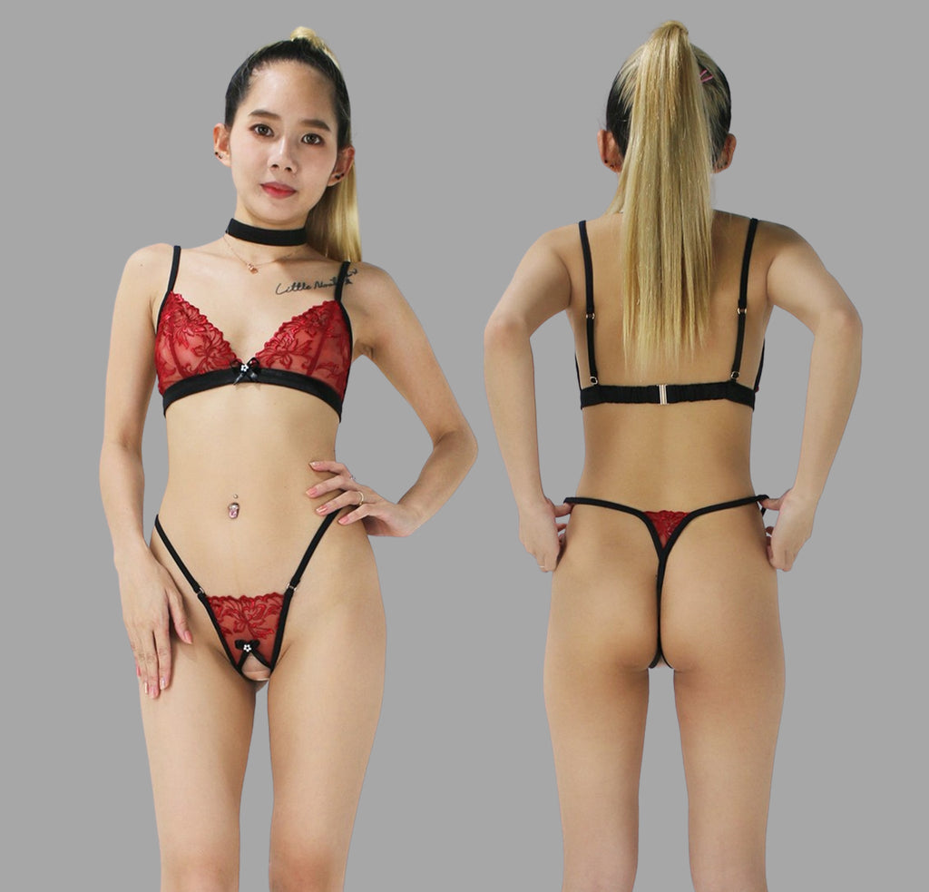 See through lingerie set with crotchless G string panties in red lace with black trim sexy sheer boudoir lingerie - Ange Déchu