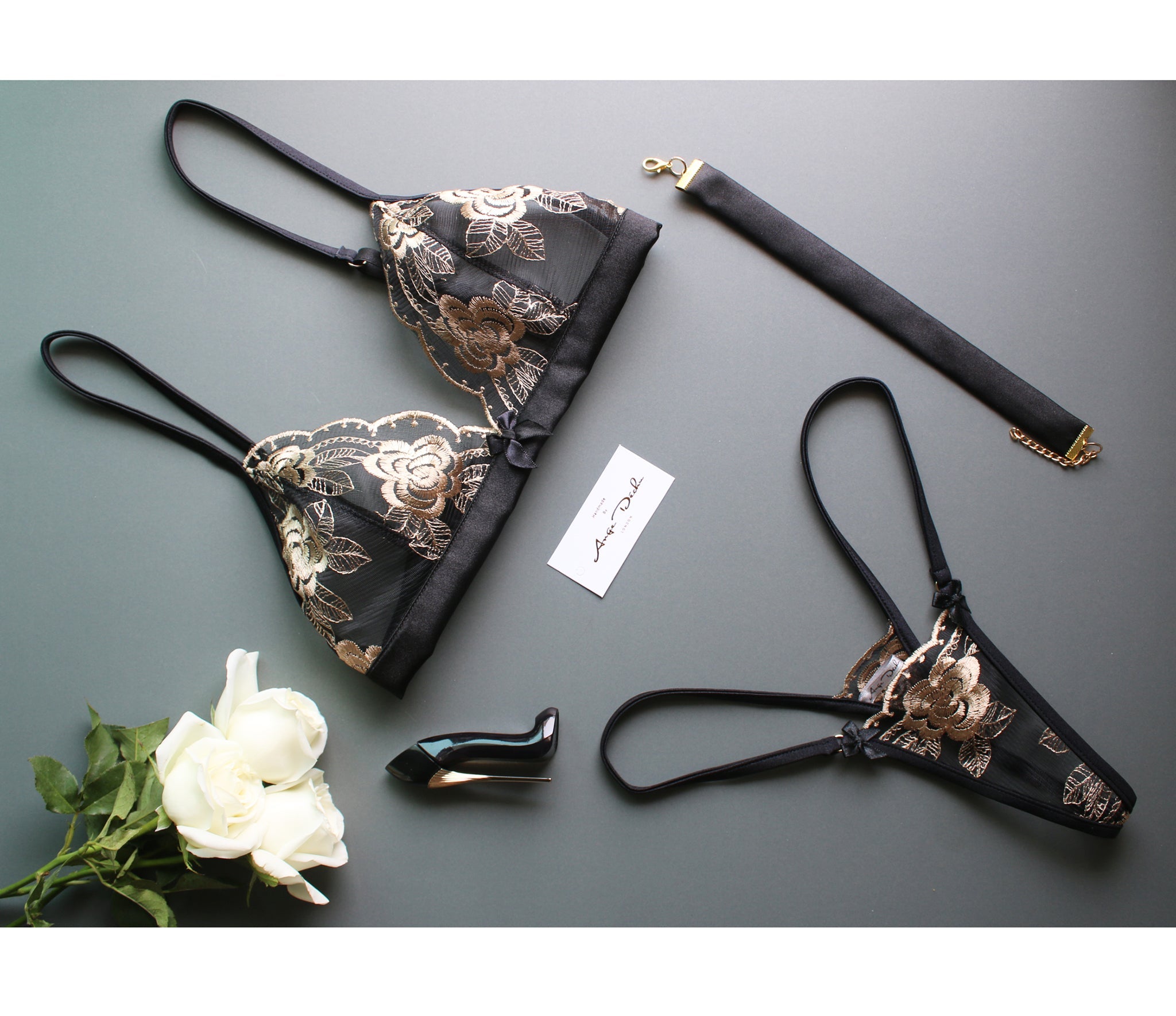 See through lingerie set with G string panties in black and gold lace with black trim sexy sheer boudoir lingerie - Ange Déchu