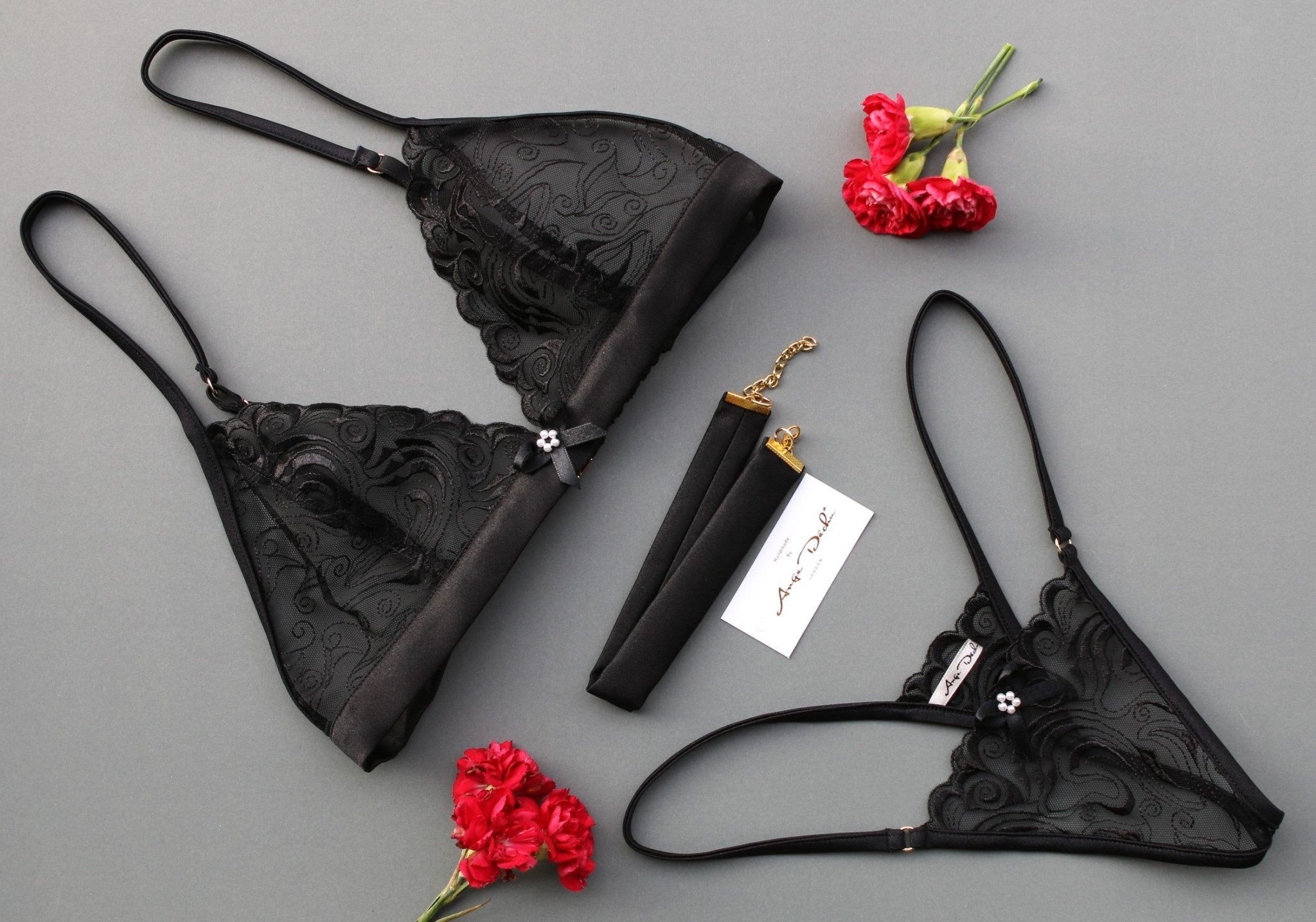 See through lingerie set with G string panties in black lace with black trim sexy sheer boudoir lingerie - Ange Déchu
