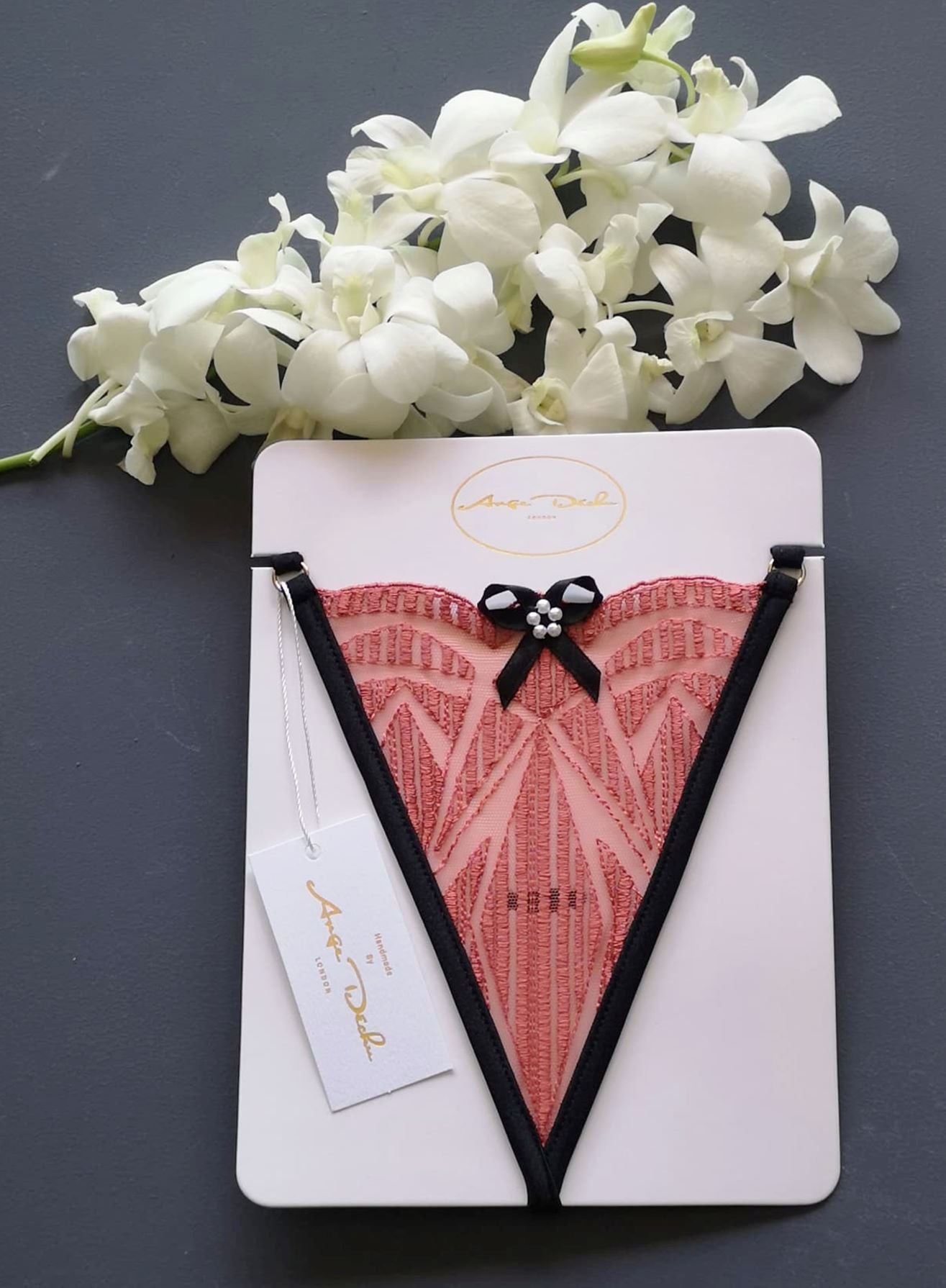See through lingerie set with G string panties in coral lace sexy sheer boudoir lingerie - Ange Déchu