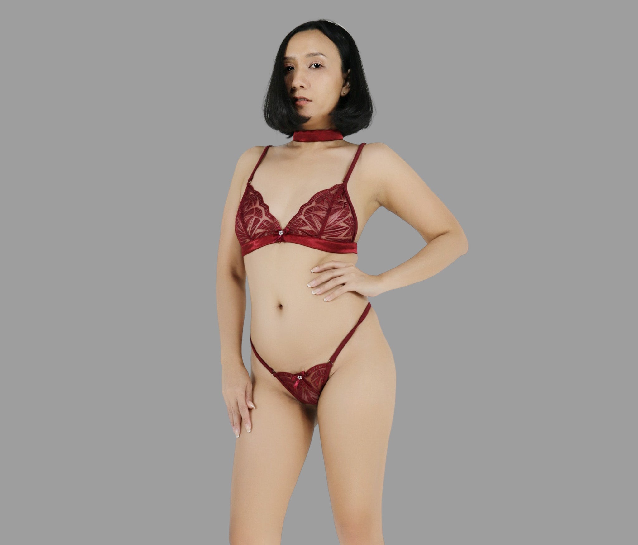 See through lingerie set with G string panties in red lace sexy sheer boudoir lingerie - Ange Déchu