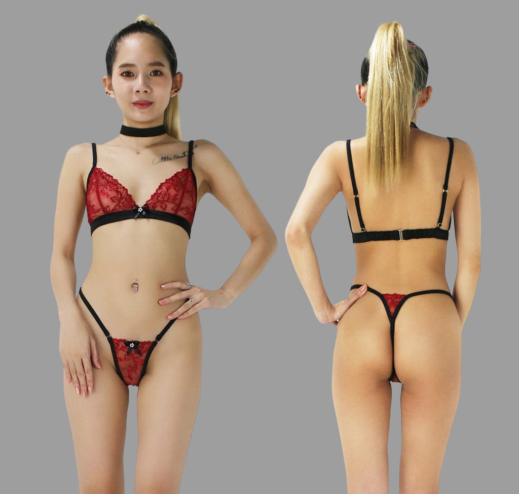 See through lingerie set with G string panties in red lace with black trim sexy sheer boudoir lingerie - Ange Déchu