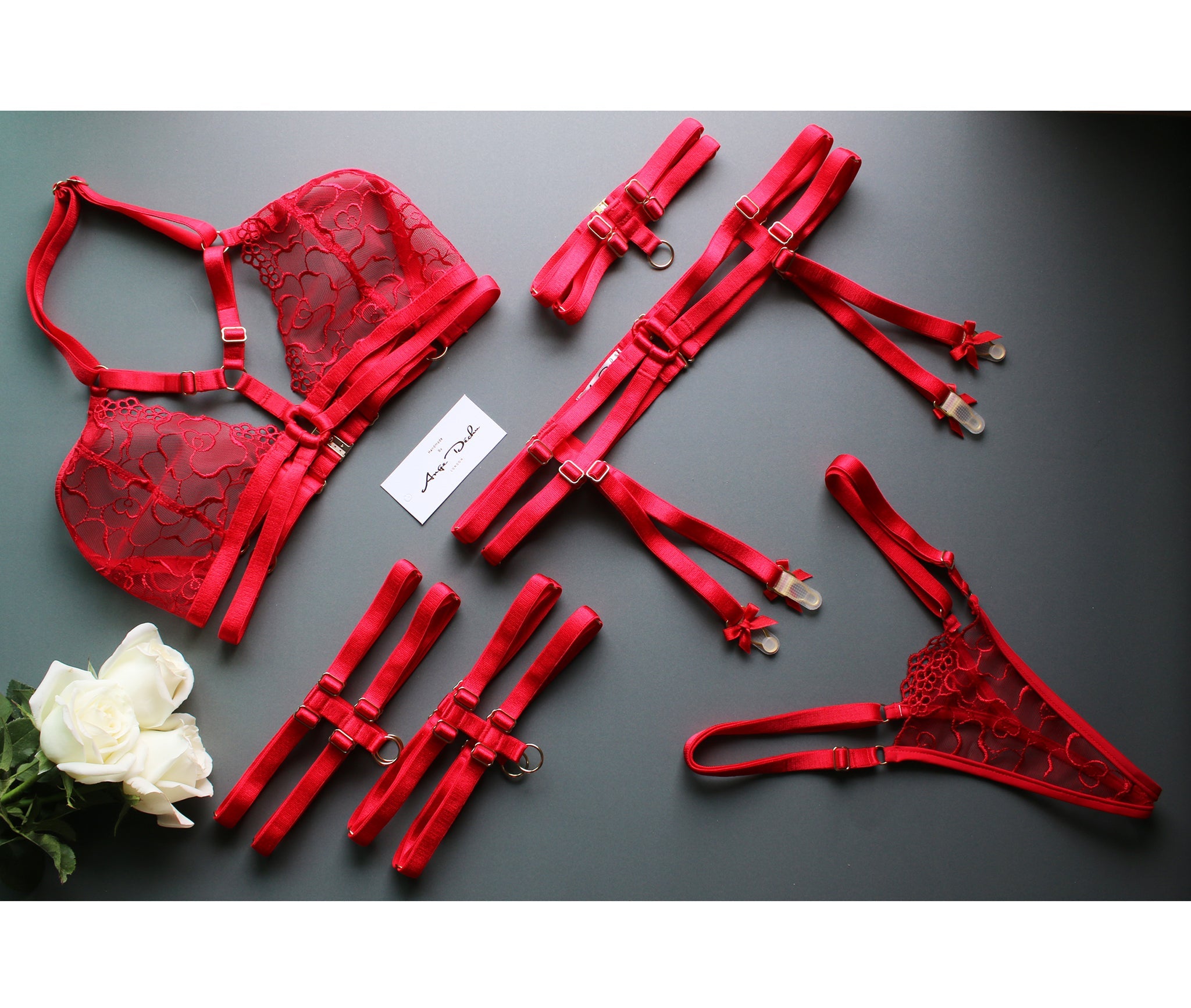 See through lingerie sexy red lace strappy body harness set with choker bra garter belt and garters see through panties g string - Ange Déchu