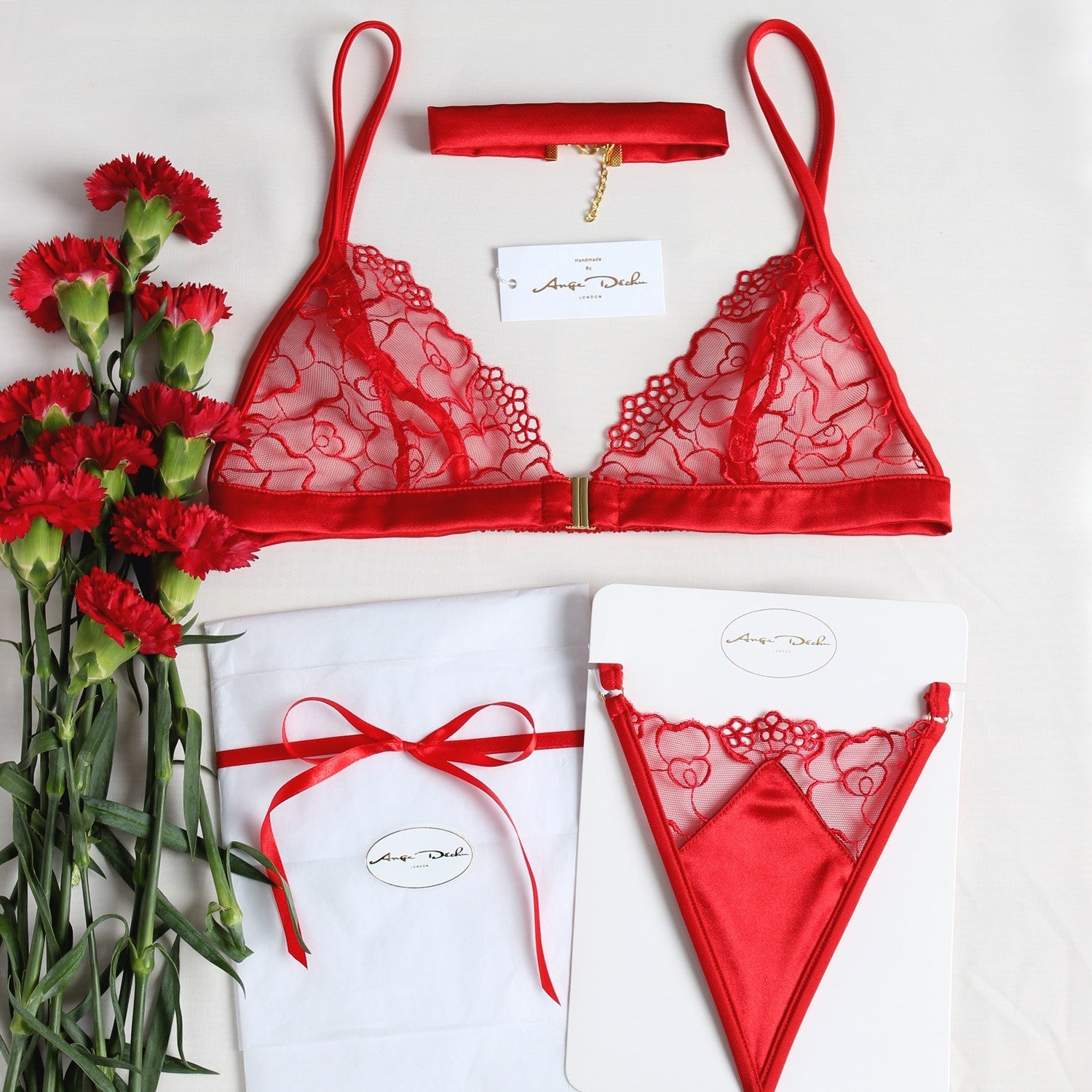 See through red lace set, bralette, panties g string and choker sheer