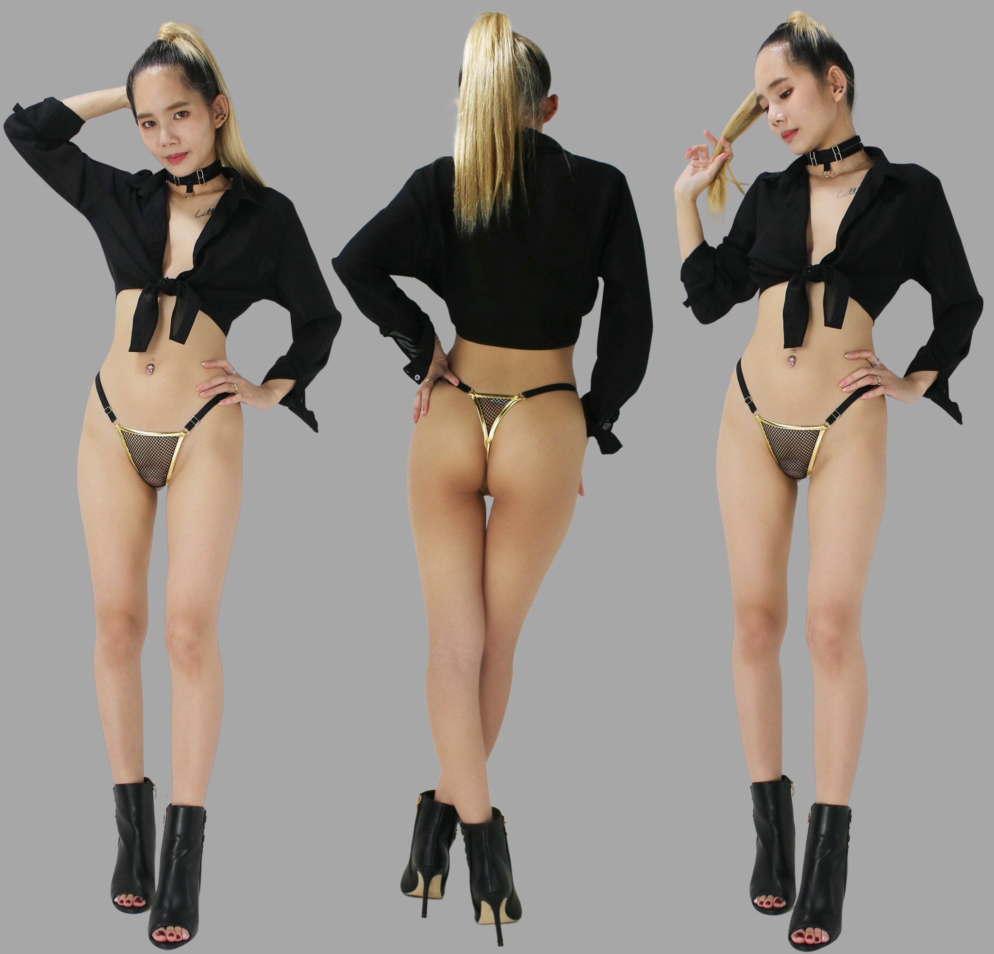 Sexy girls see through panties, fishnet lingerie g string thong in black with gold trim for very sexy butt - Ange Déchu