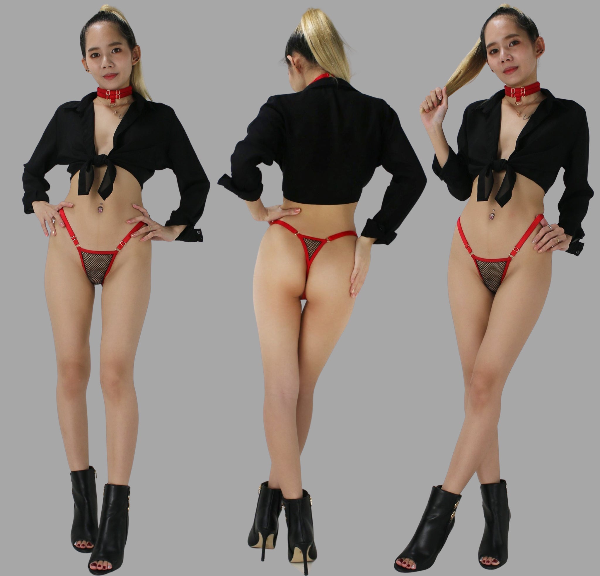 Sexy girls see through panties, fishnet lingerie g string thong in black with red trim for very sexy butt - Ange Déchu