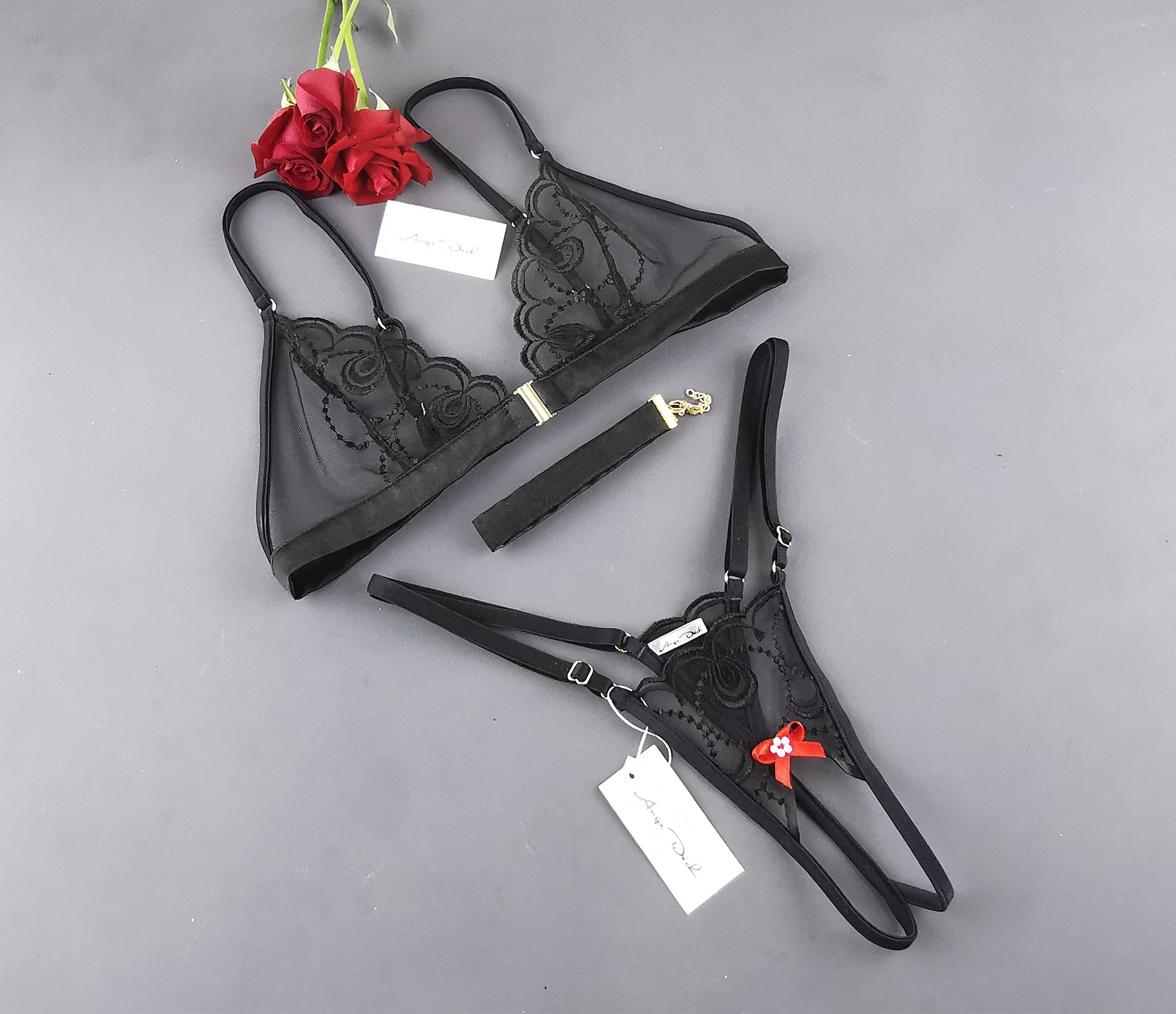Sexy lingerie set with crotchless G string panties and bra in see through black lace open crotch sheer boudoir lingerie - Ange Déchu