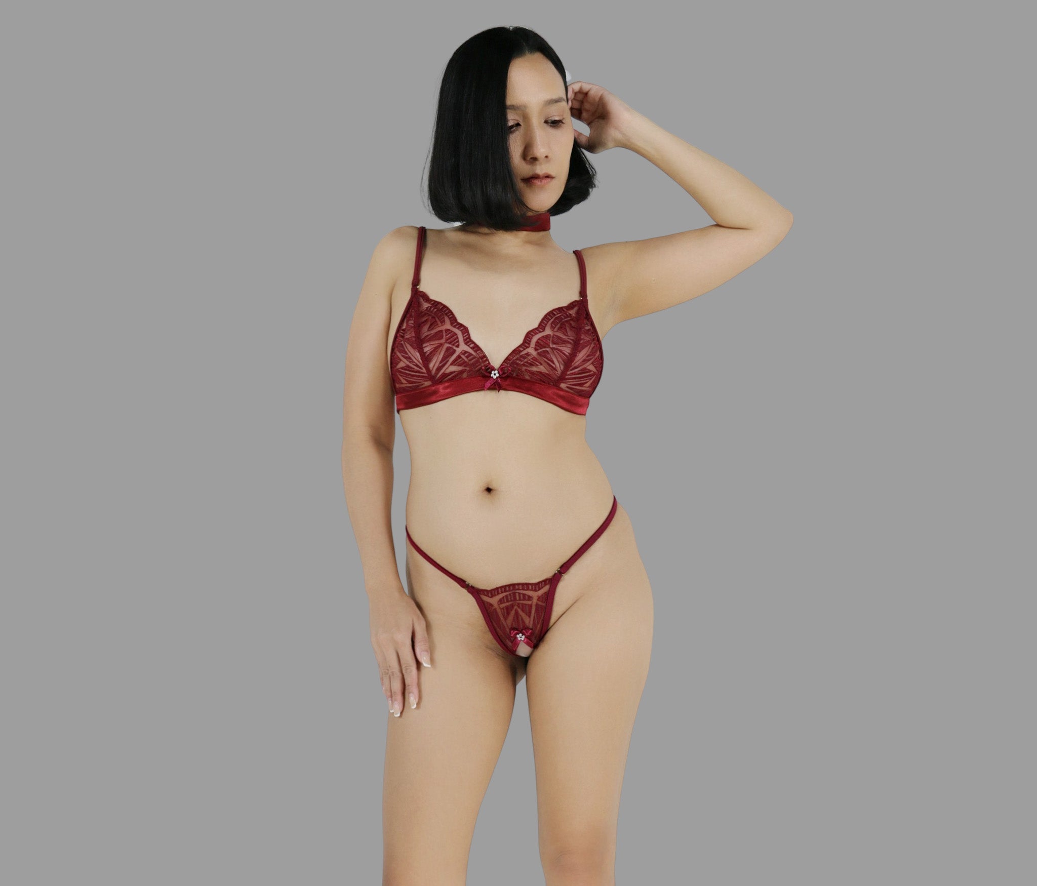 Sexy lingerie set with crotchless G string panties in see through burgundy red lace sexy sheer boudoir lingerie - Ange Déchu