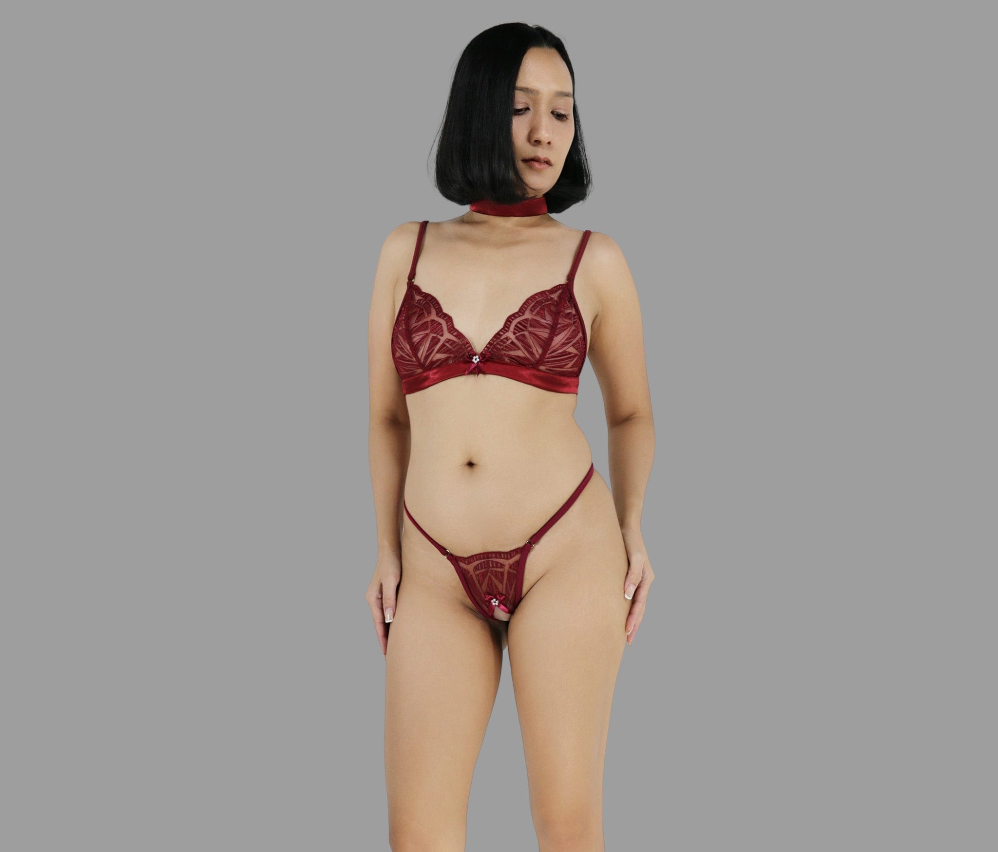 Sexy lingerie set with crotchless G string panties in see through burgundy red lace sexy sheer boudoir lingerie - Ange Déchu