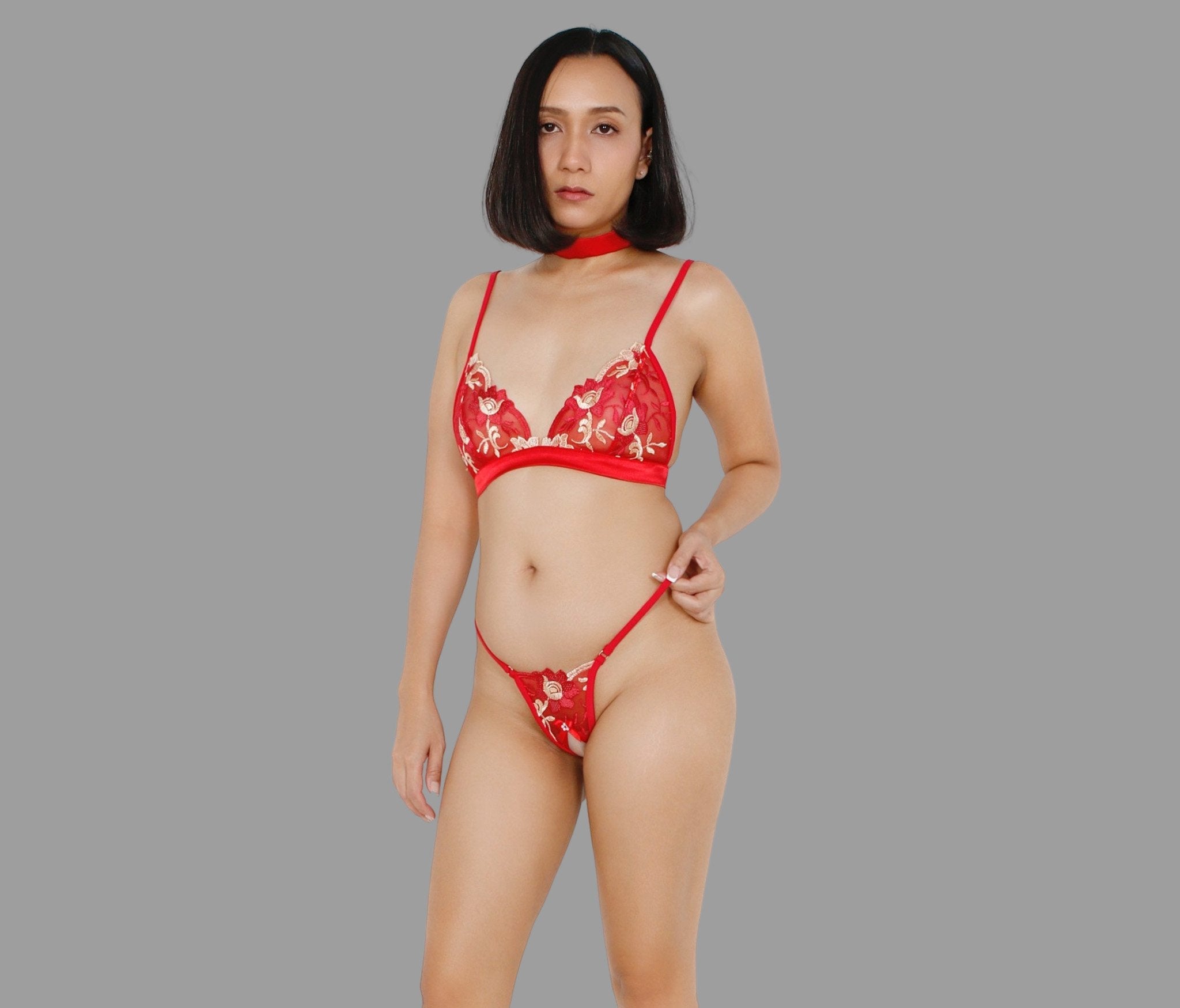 Sexy lingerie set with crotchless G string panties in see through red lace sexy sheer boudoir lingerie - Ange Déchu