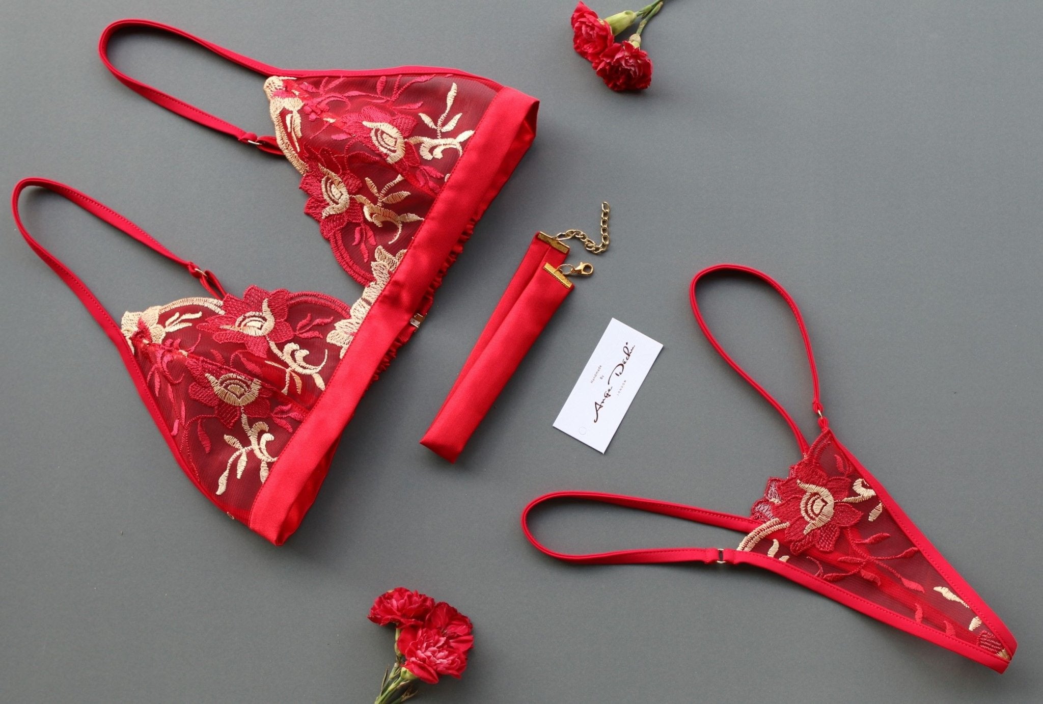 Sexy red lace lingerie set luxury see through hand made sheer boudoir lingerie - Ange Déchu