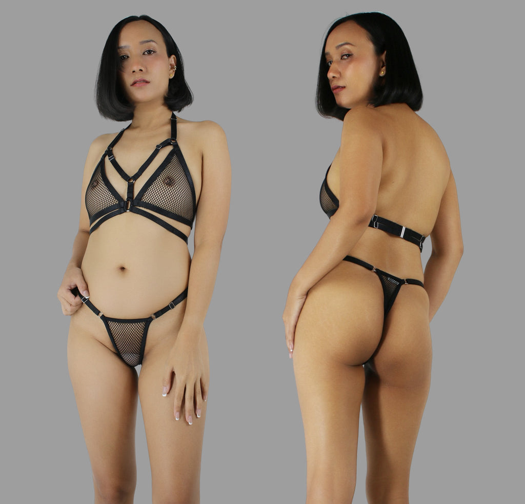 Sexy see through erotic lingerie set in black strappy fishnet with bra panties g string fully adjustable - Ange Déchu