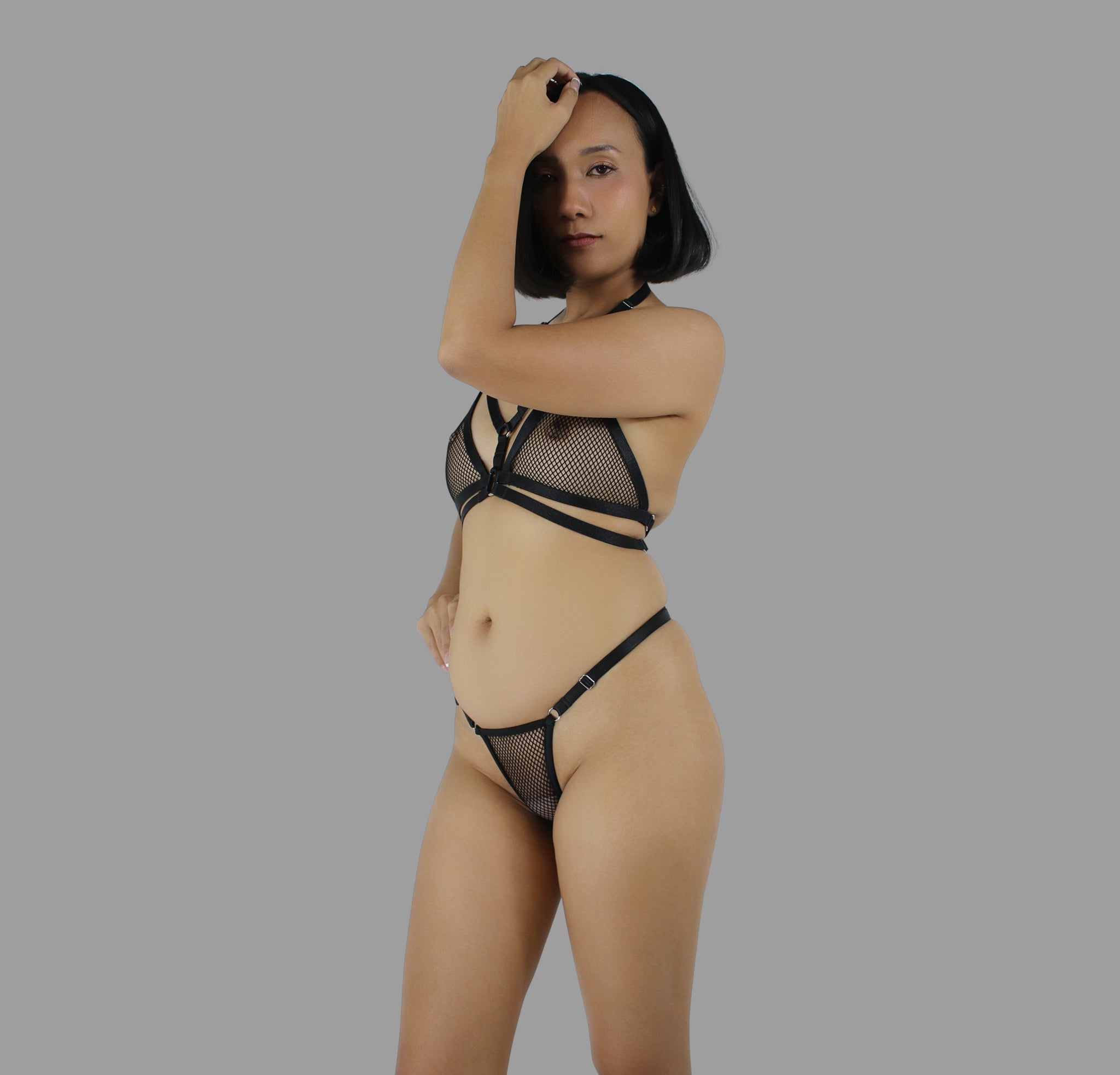 Sexy see through erotic lingerie set in black strappy fishnet with bra panties g string fully adjustable - Ange Déchu