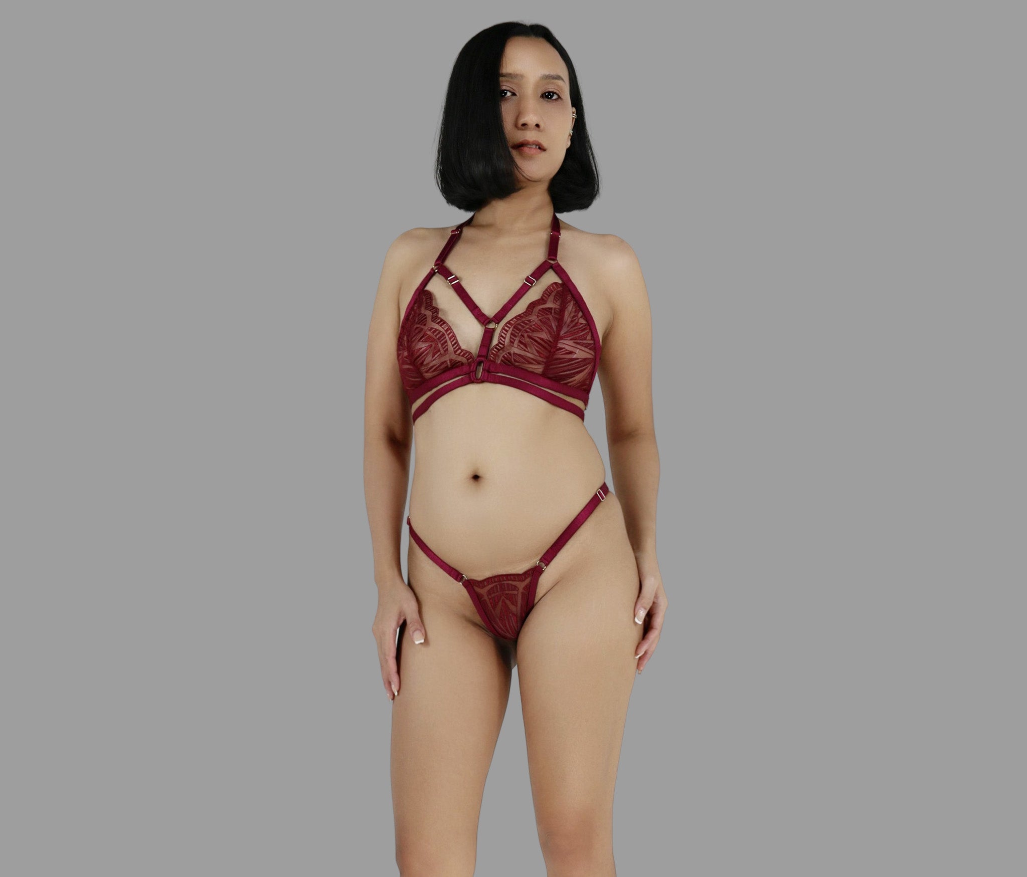 Sexy see through lingerie set in burgundy red lace strappy harness bra sheer adjustable panties g string - Ange Déchu