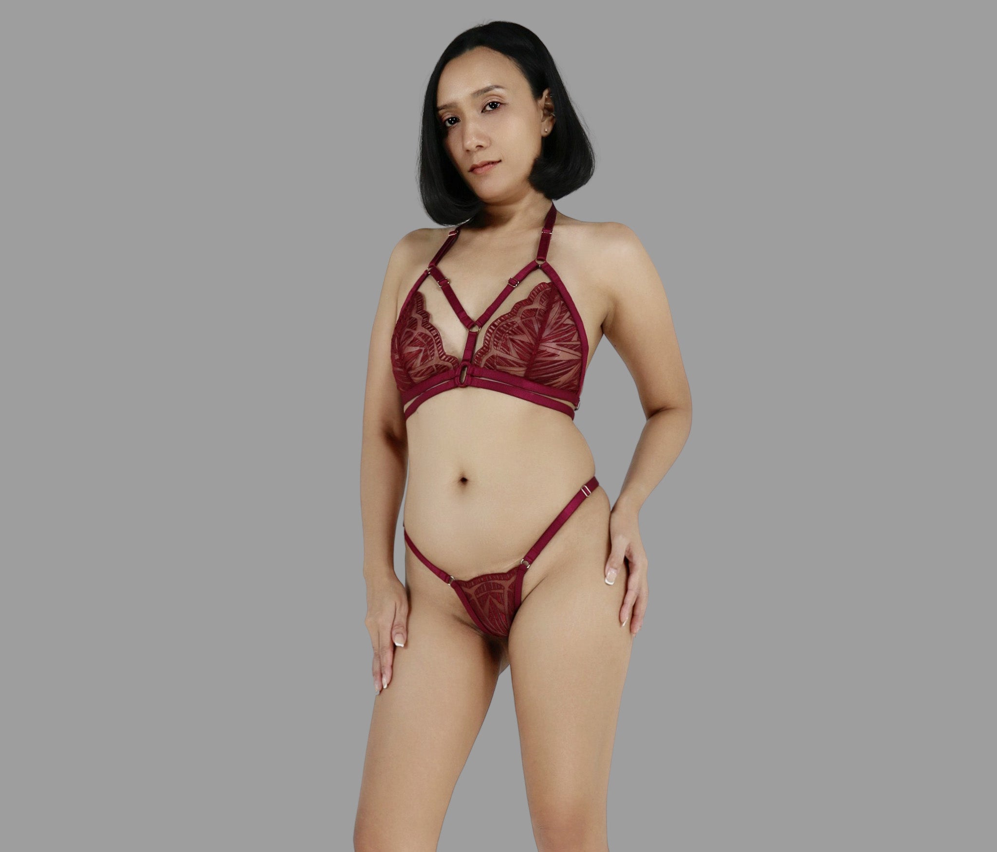 Sexy see through lingerie set in burgundy red lace strappy harness bra sheer adjustable panties g string - Ange Déchu