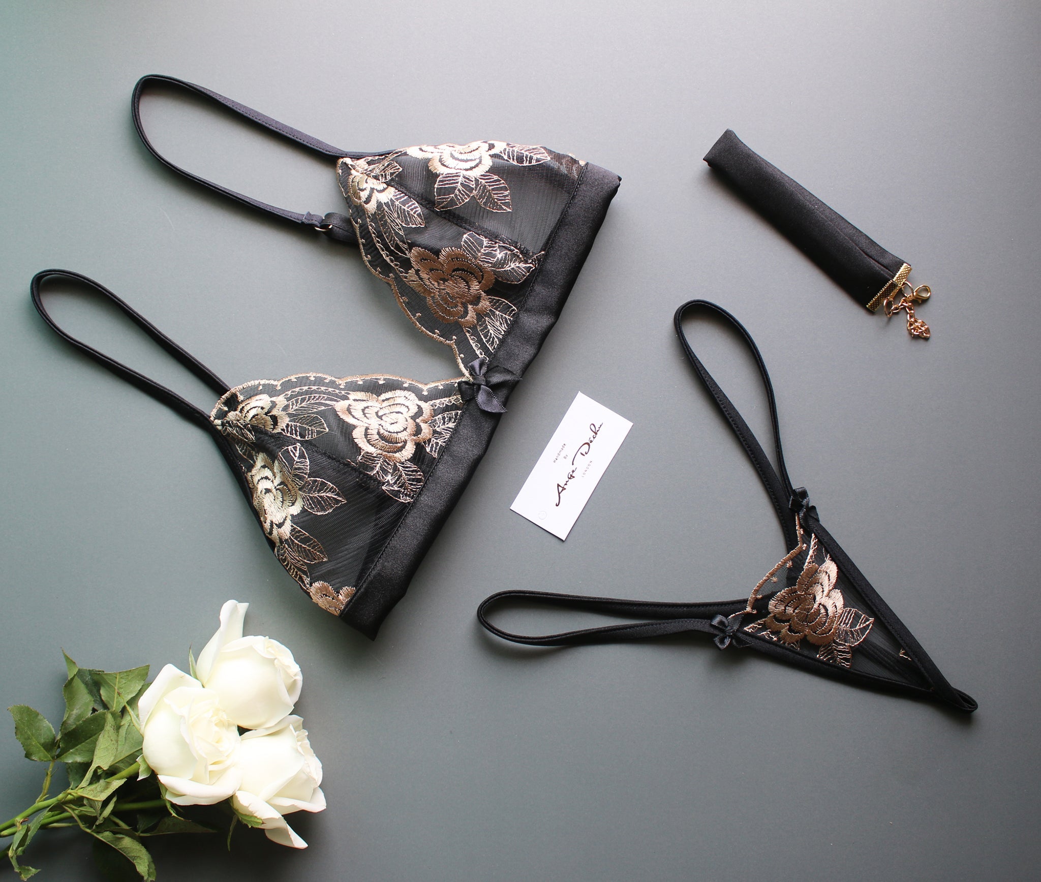 Sexy see through lingerie set with micro G string panties in black and gold lace with black trim sexy sheer boudoir lingerie - Ange Déchu