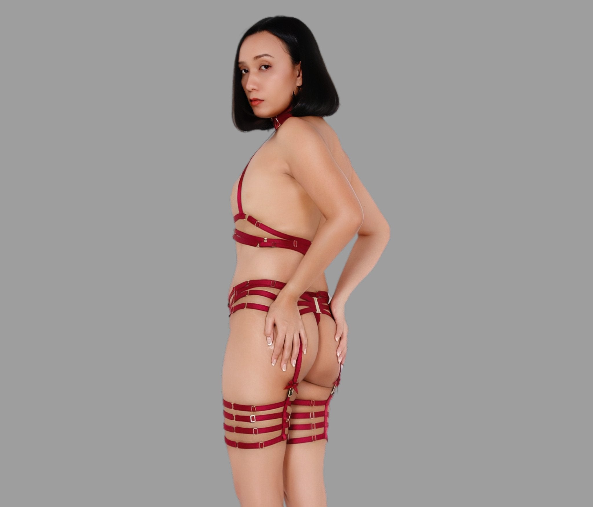 Sexy strappy body harness set in burgundy red with choker harness bra garter and suspender boudoir gift for her - Ange Déchu