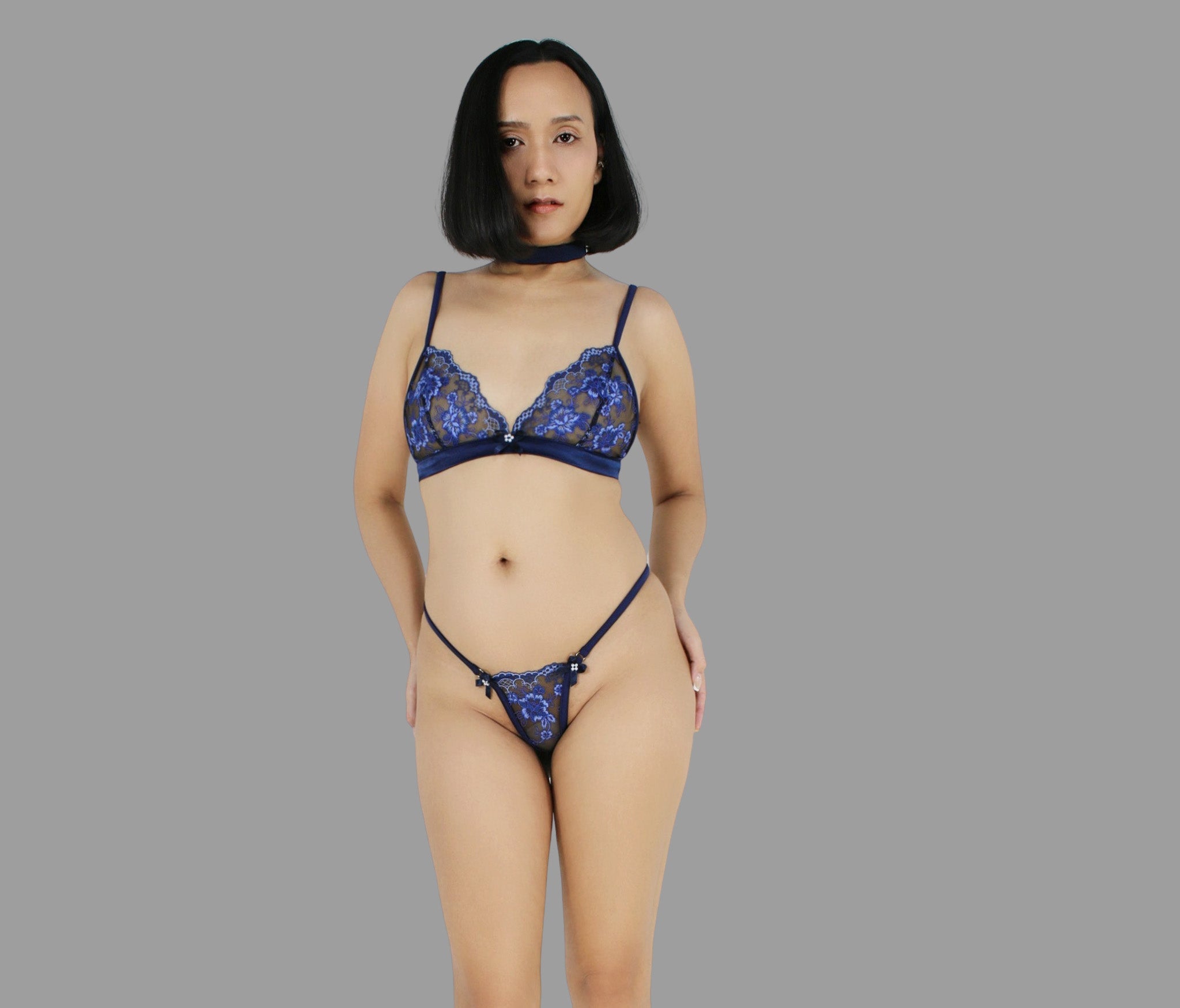 Sheer lingerie set, G string panties bralette and choker in see through blue lace sexy see through lingerie - Ange Déchu