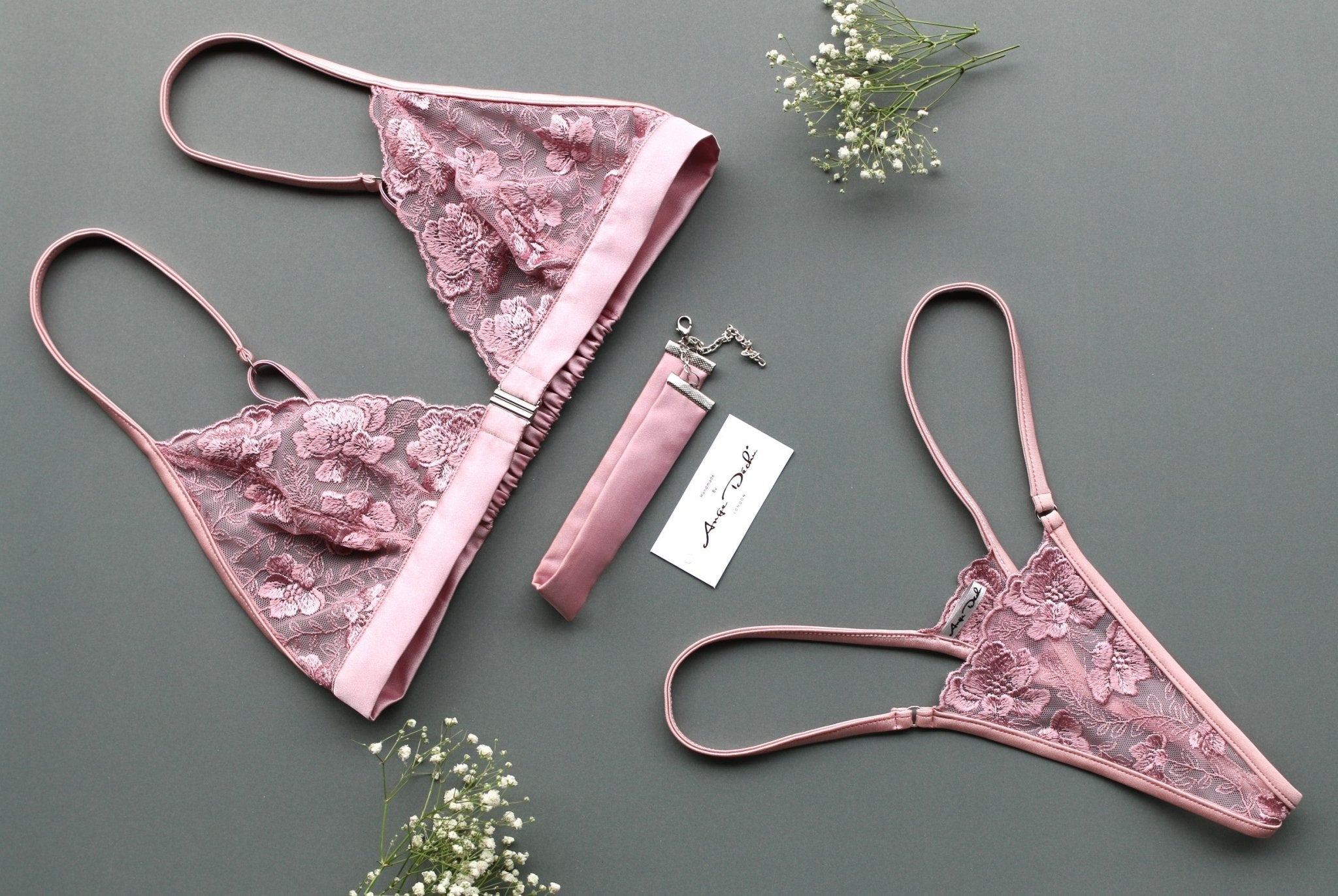 Sheer lingerie set, G string panties bralette and choker in see through pink lace sexy sheer lingerie - Ange Déchu